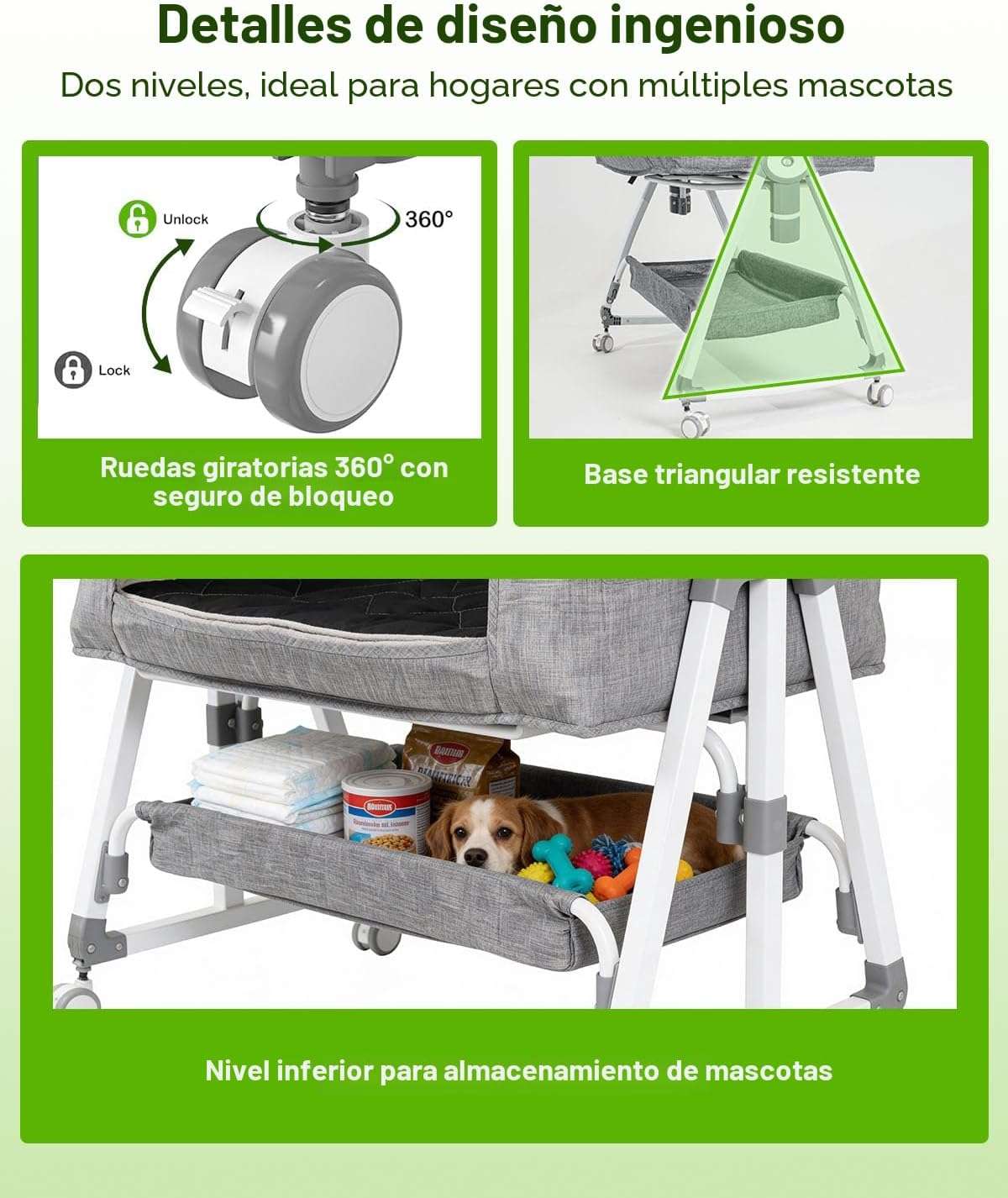 cama extension de altura ajustable para perros y gatos de 75 por 55 por 82 centimetros con ruedas y almacenamiento inferior ideal para chile
