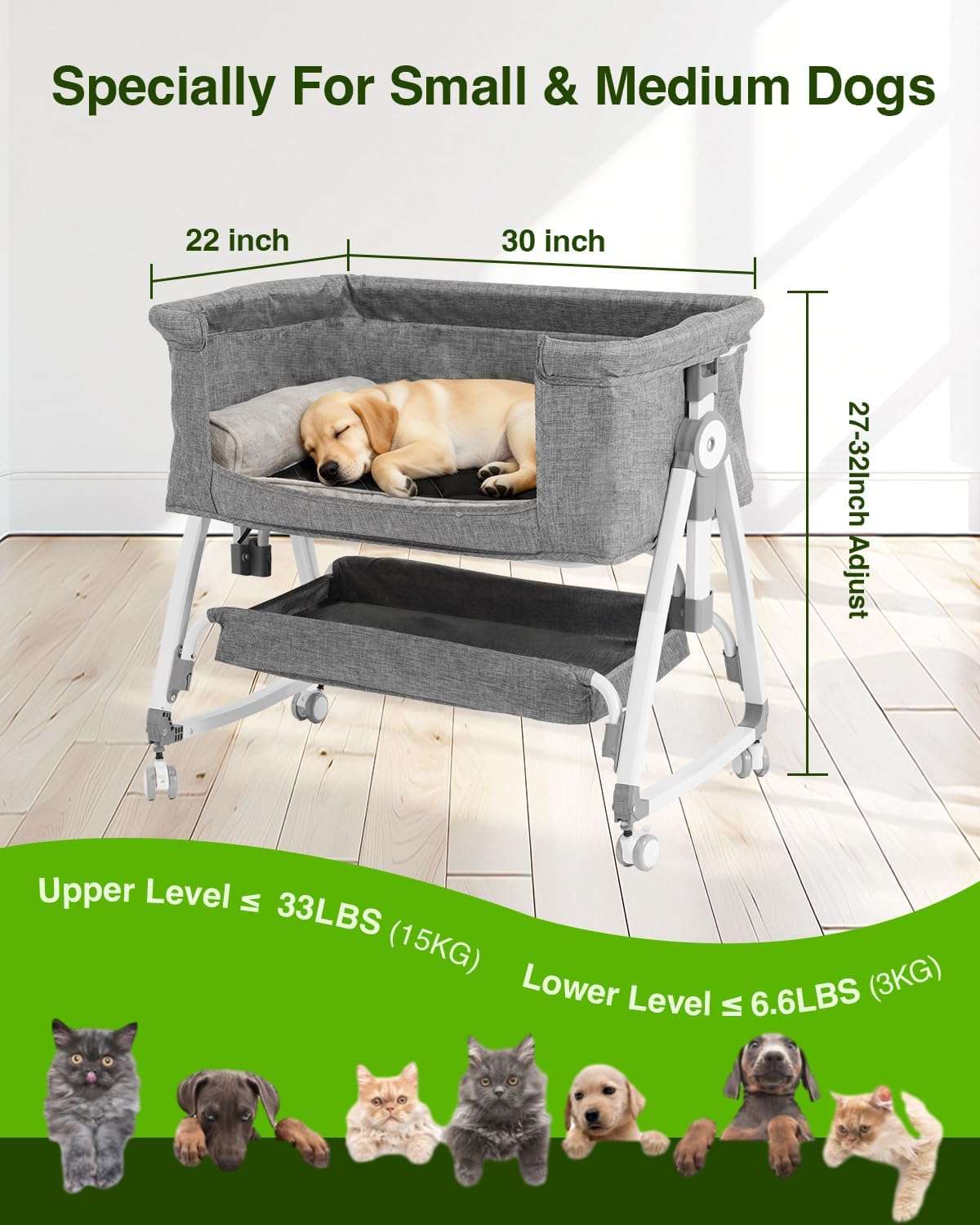 cama extension de altura ajustable para perros y gatos de 75 por 55 por 82 centimetros con ruedas y almacenamiento inferior ideal para chile