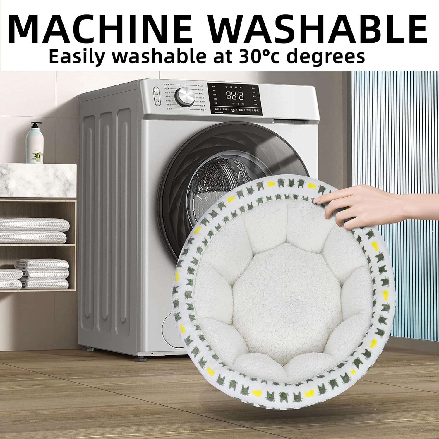 cama antiestres para gatos y perros pequeños redonda de felpa con medidas de 43.94 por 43.94 por 15.24 centimetros