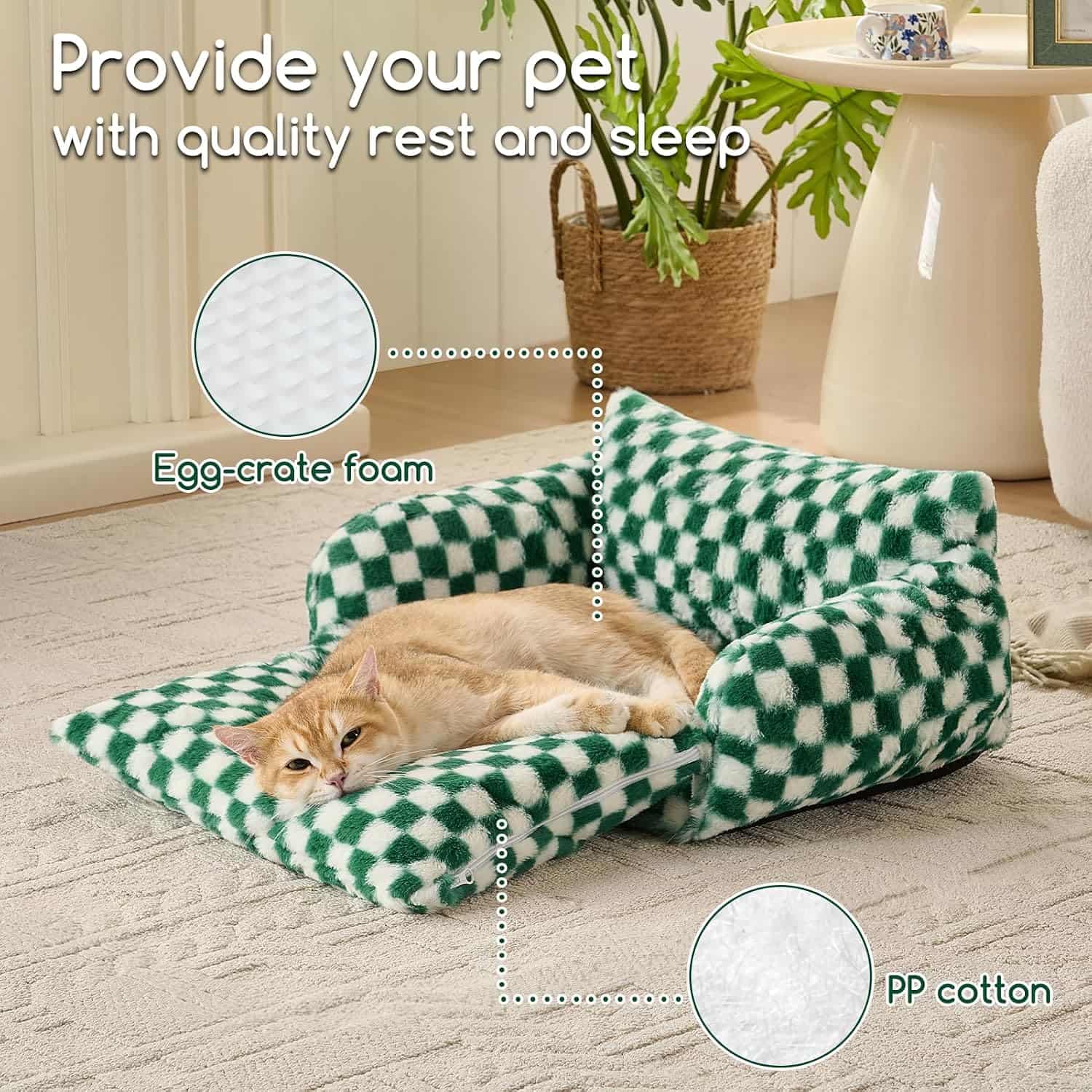 sofa cama nido ortopedico para gatos Hollypet color verde bosque y blanco con medidas de 53.34 por 38.10 por 20.32 centimetros