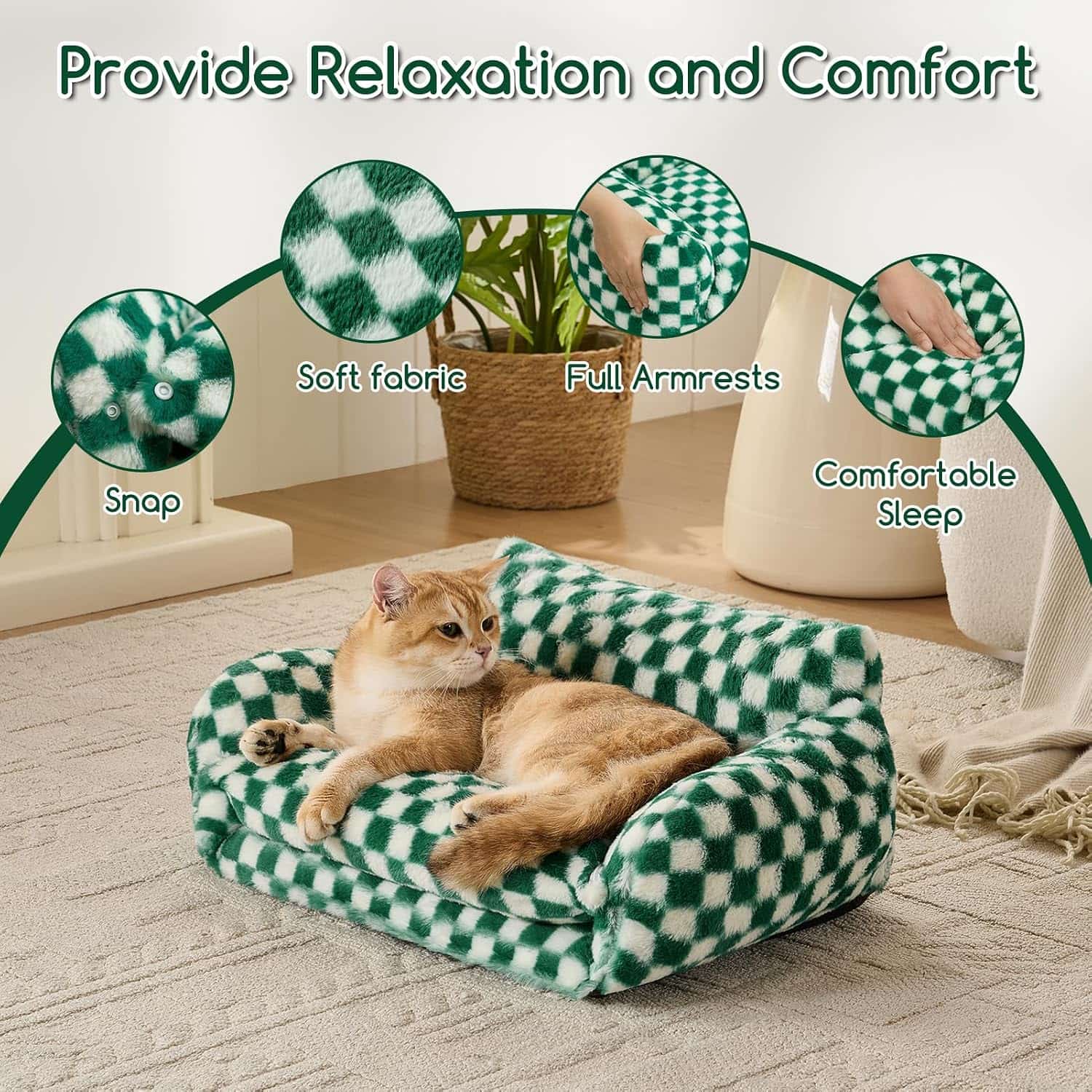 sofa cama nido ortopedico para gatos Hollypet color verde bosque y blanco con medidas de 53.34 por 38.10 por 20.32 centimetros