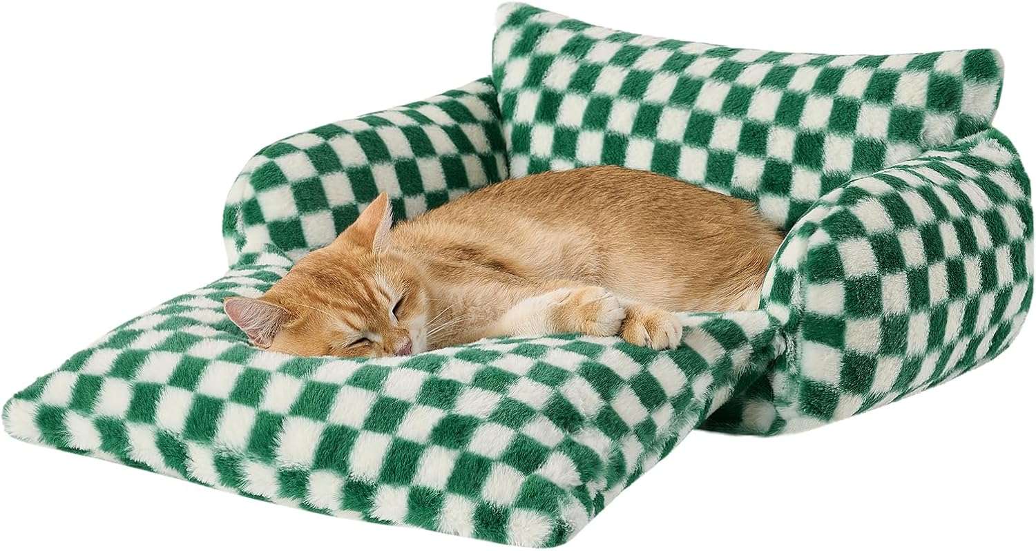 sofa cama nido ortopedico para gatos Hollypet color verde bosque y blanco con medidas de 53.34 por 38.10 por 20.32 centimetros