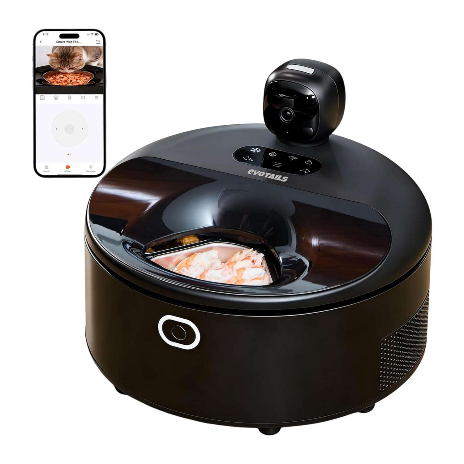 comedero automatico inteligente de color negro para gatos con camara HD control de temperatura y platos de acero inoxidable ideal para chile