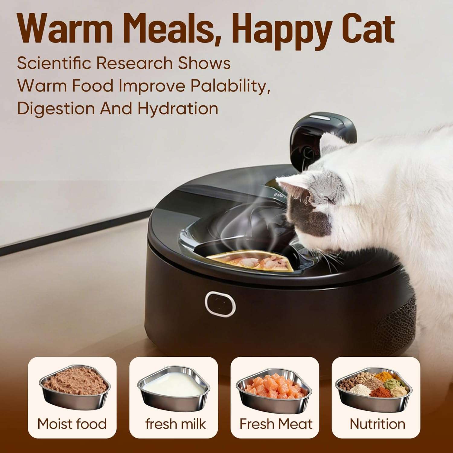 comedero automatico inteligente de color negro para gatos con camara HD control de temperatura y platos de acero inoxidable ideal para chile