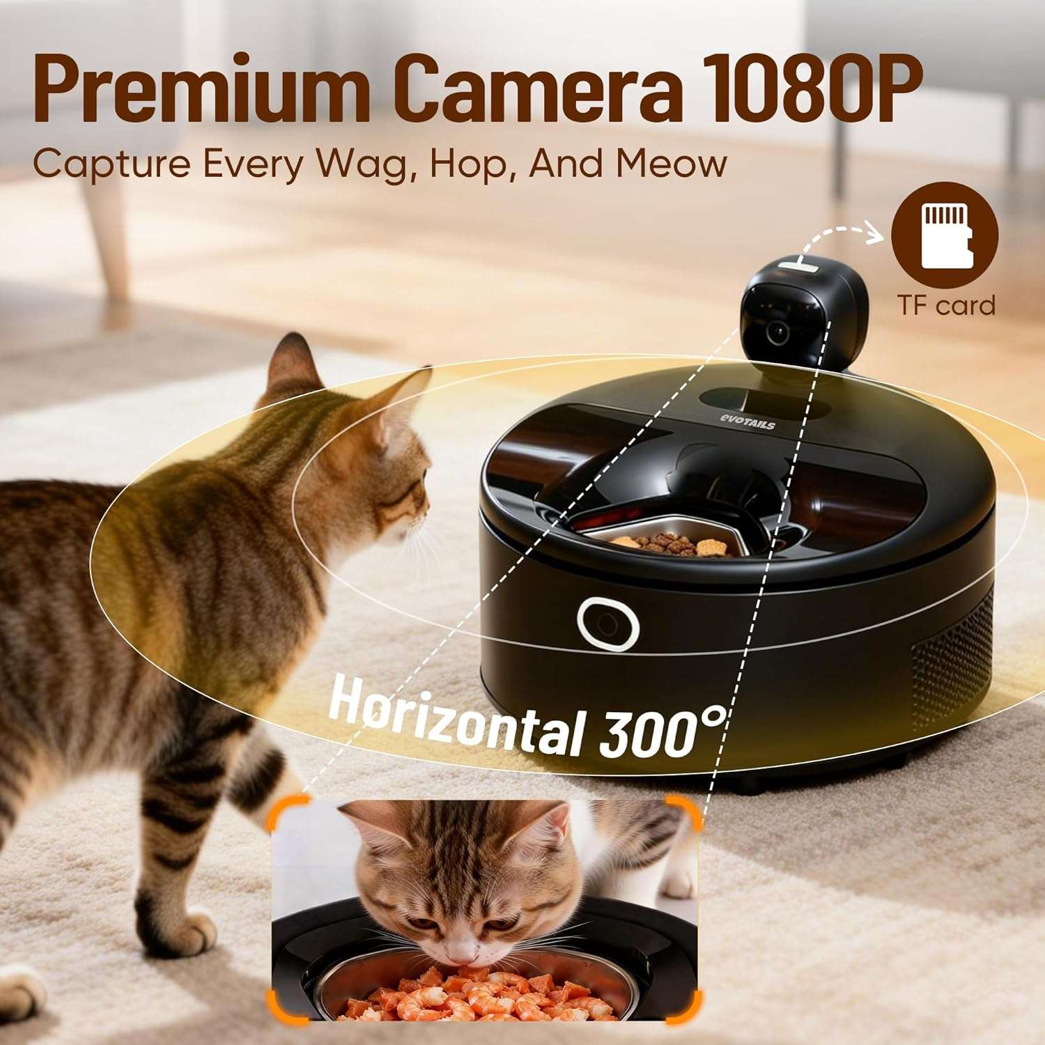 comedero automatico inteligente de color negro para gatos con camara HD control de temperatura y platos de acero inoxidable ideal para chile