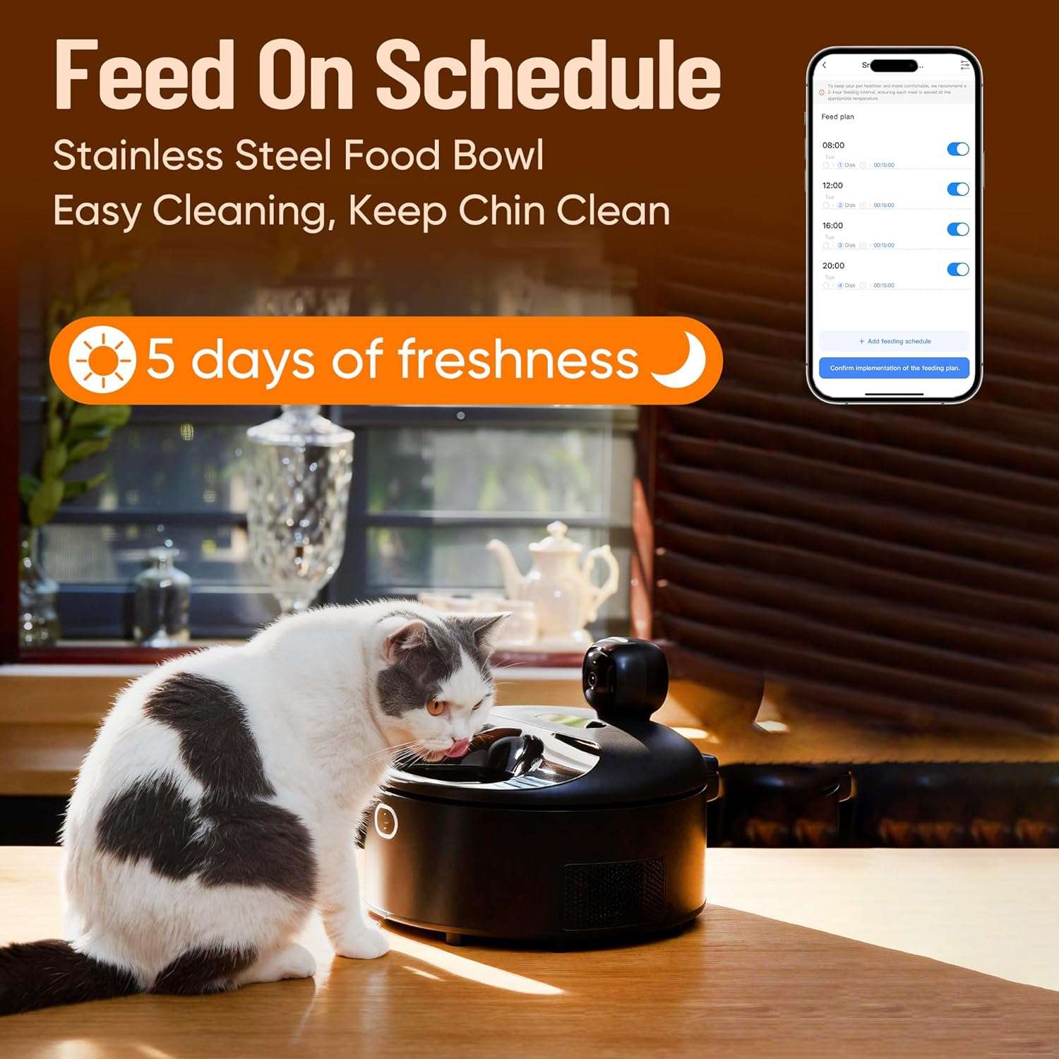 comedero automatico inteligente de color negro para gatos con camara HD control de temperatura y platos de acero inoxidable ideal para chile
