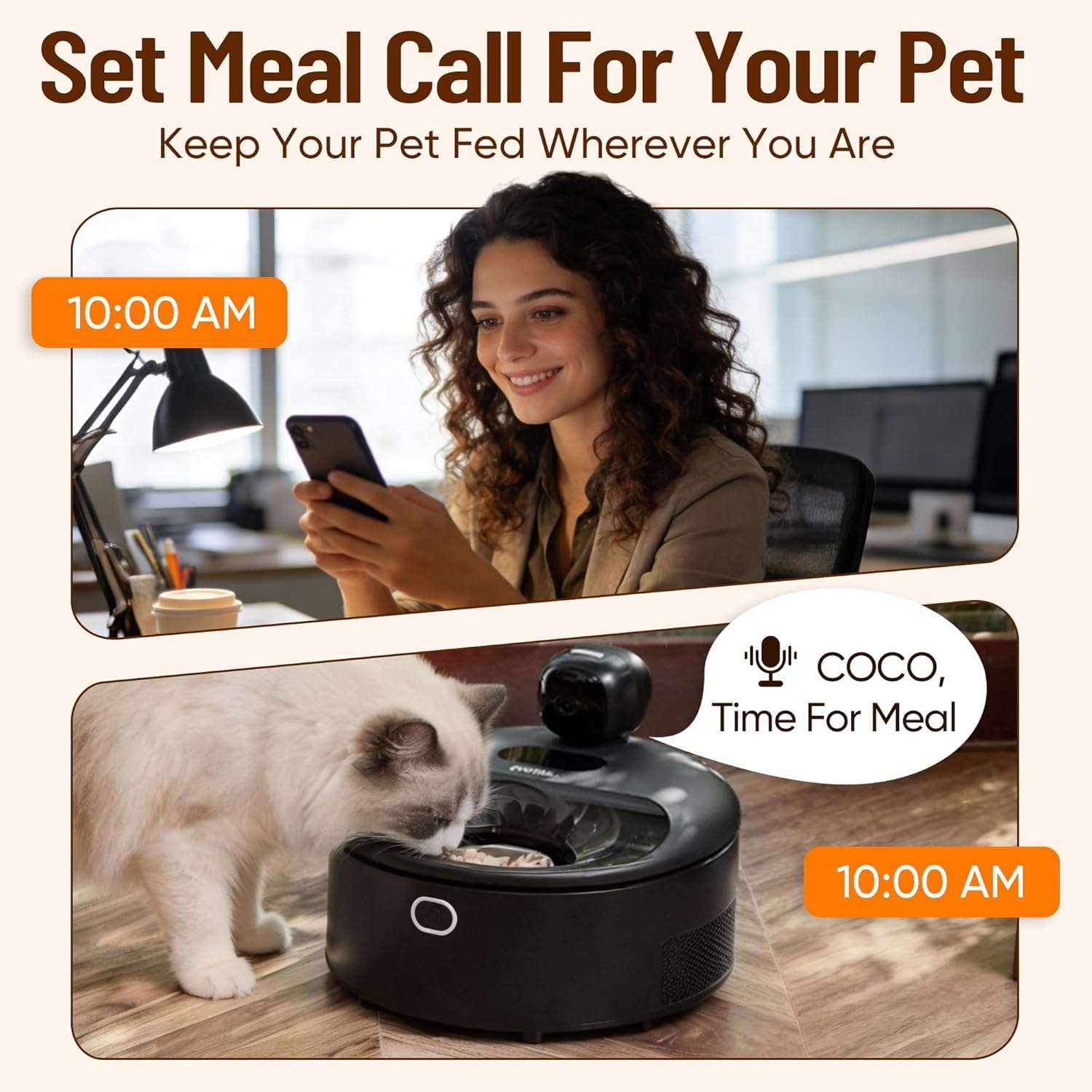 comedero automatico inteligente de color negro para gatos con camara HD control de temperatura y platos de acero inoxidable ideal para chile