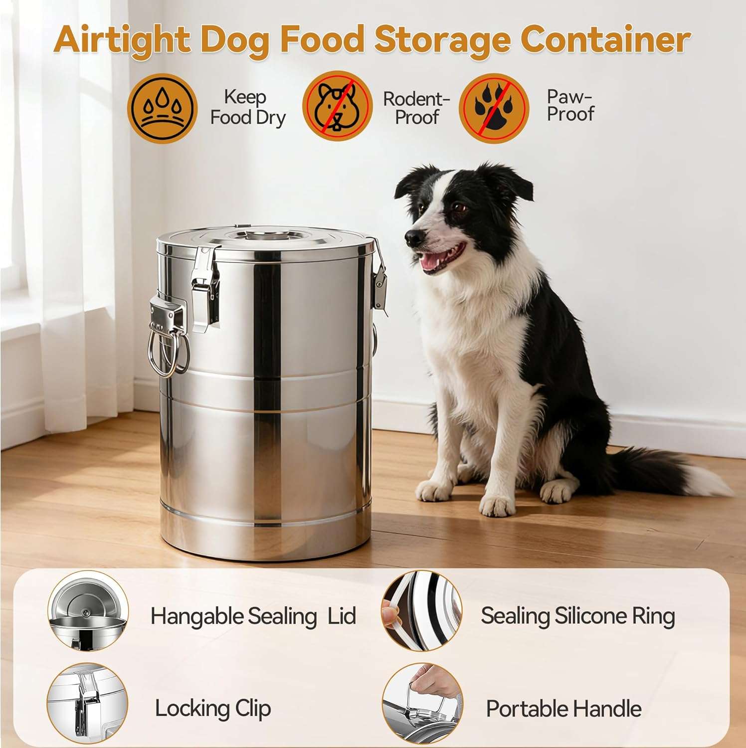 contenedor hermetico de acero inoxidable para alimentos de mascotas con capacidad de 15.87 kilogramos e incluye cuchara