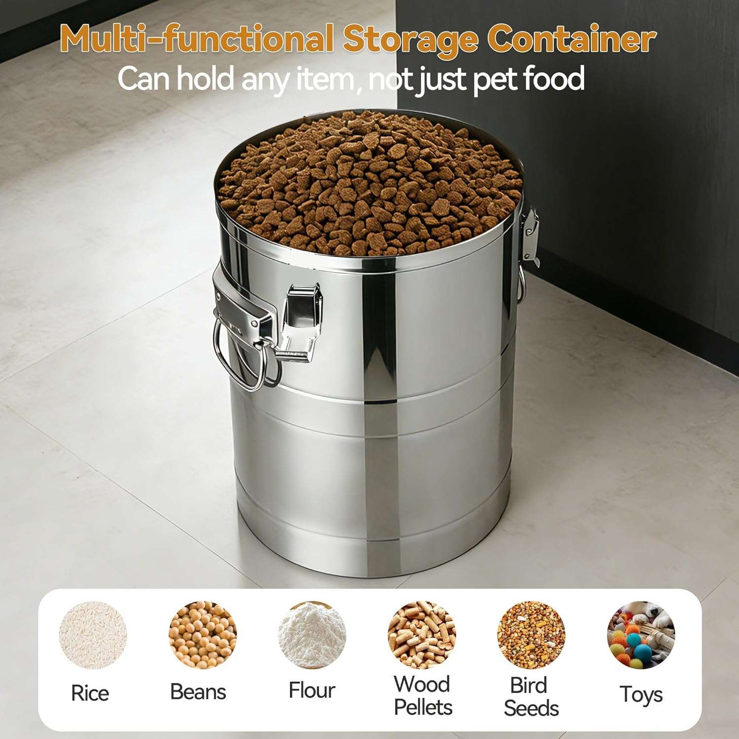 contenedor hermetico de acero inoxidable para alimentos de mascotas con capacidad de 15.87 kilogramos e incluye cuchara