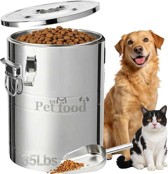 contenedor hermetico de acero inoxidable para alimentos de mascotas con capacidad de 15.87 kilogramos e incluye cuchara