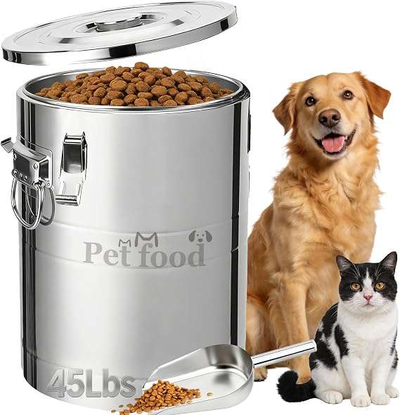 contenedor hermetico de acero inoxidable para alimentos de mascotas con capacidad de 15.87 kilogramos e incluye cuchara