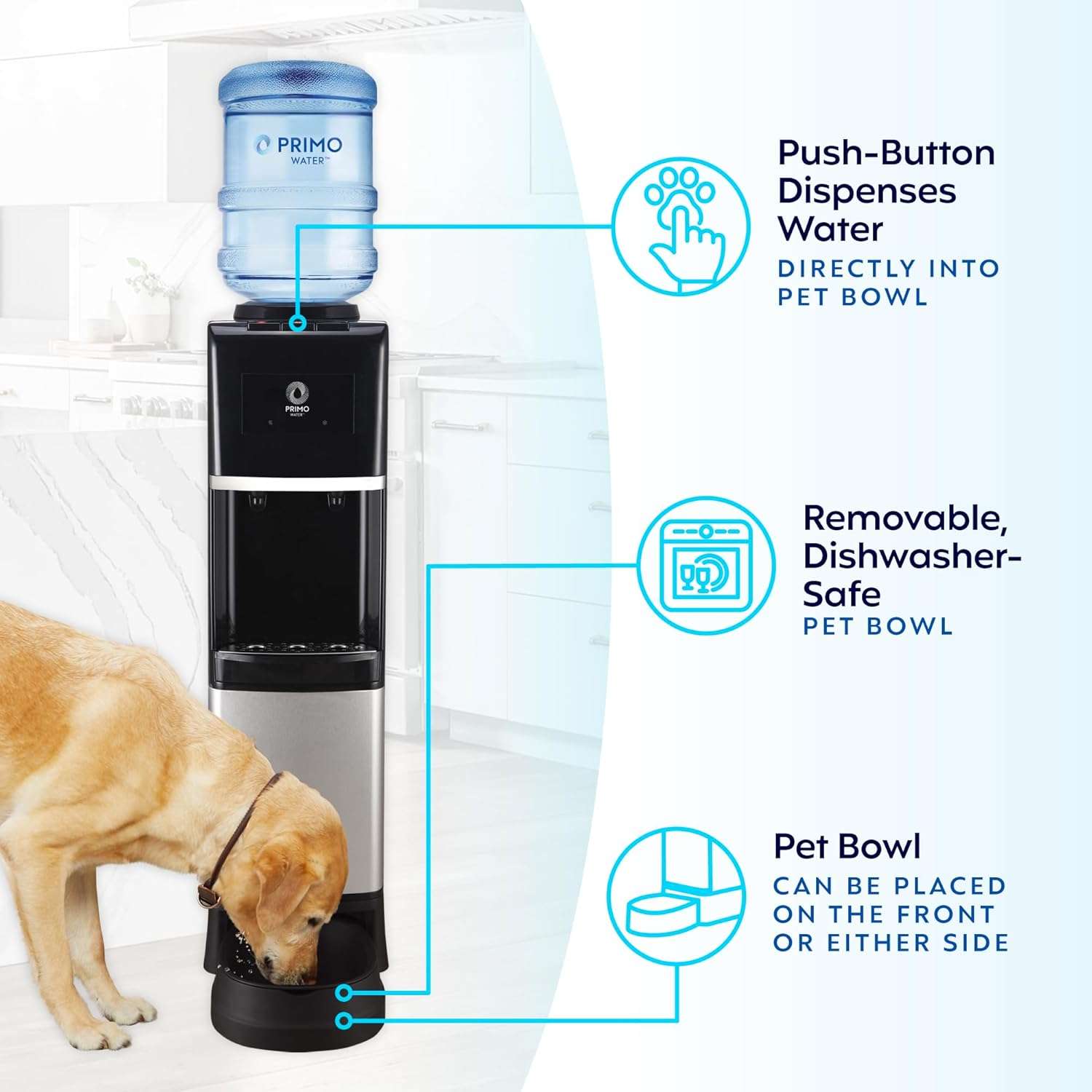 dispensador de agua fria y caliente con estacion para mascotas de acero inoxidable con medidas de 104.39 por 29.97 por 29.97 centimetros