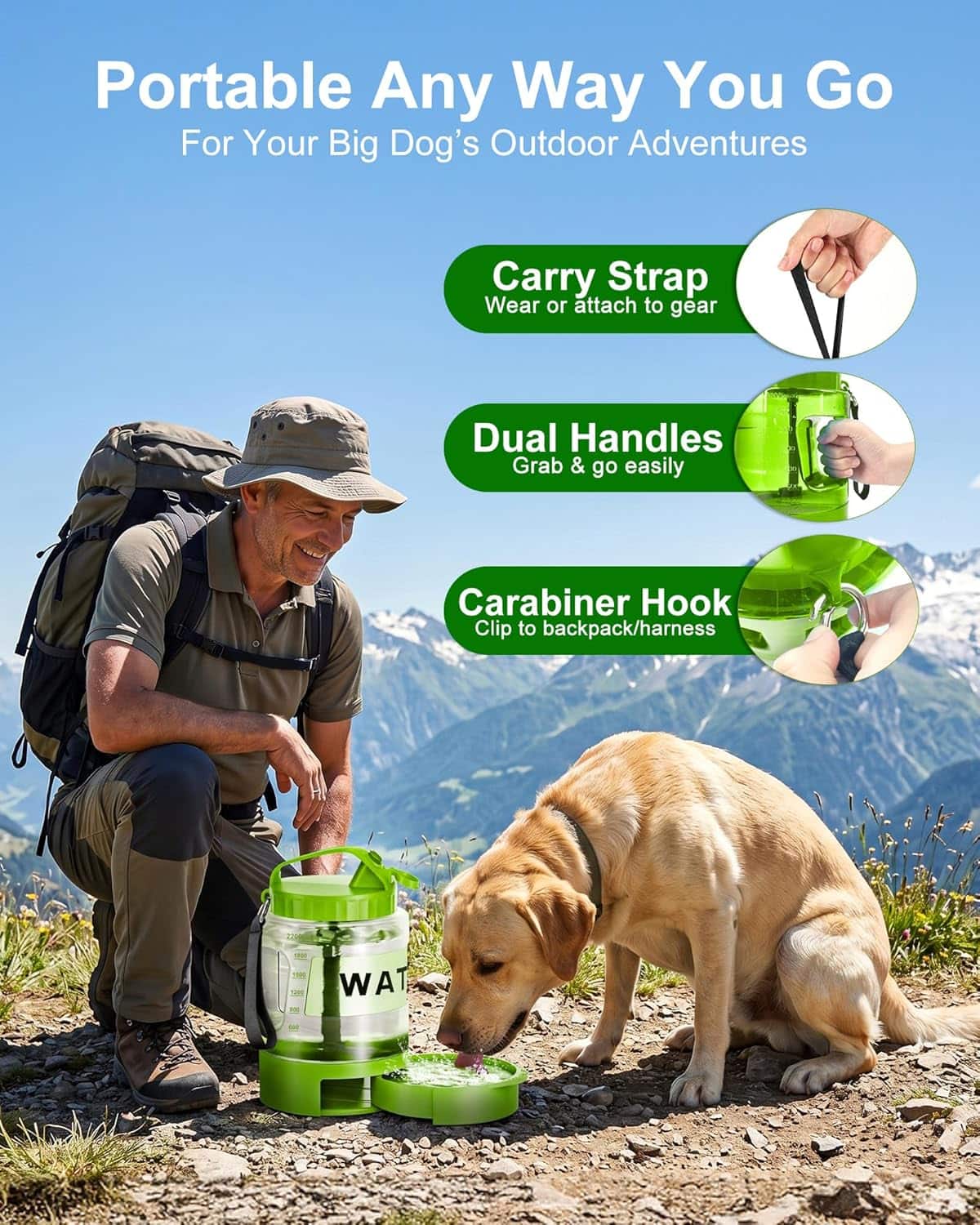 botella de agua portatil para perros grandes de 2.27 litros con cuenco extraible ideal para camping y viajes en auto