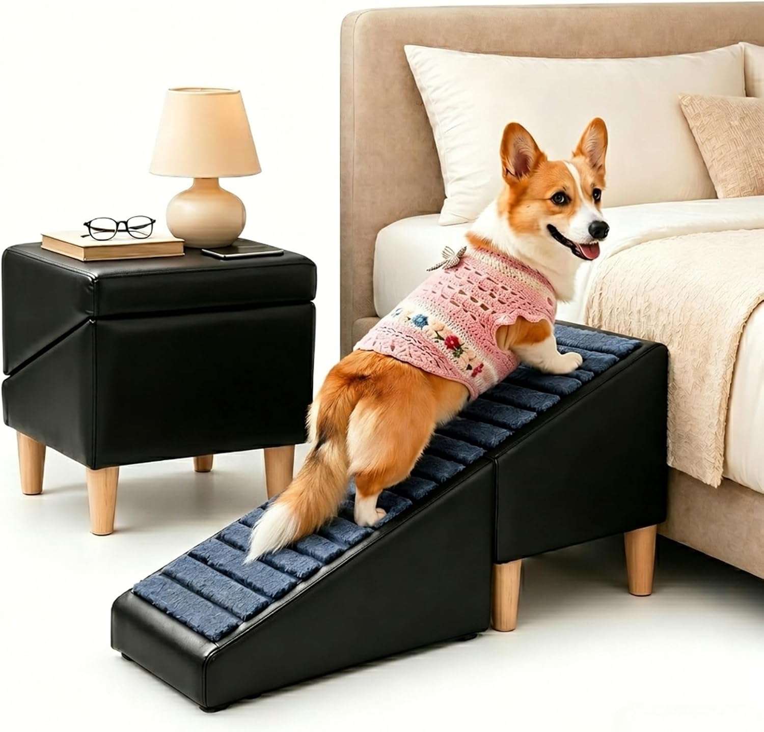 escalera y puff plegable de cuero marron para perros con superficie antideslizante y medidas de 80.01 por 34.29 centimetros