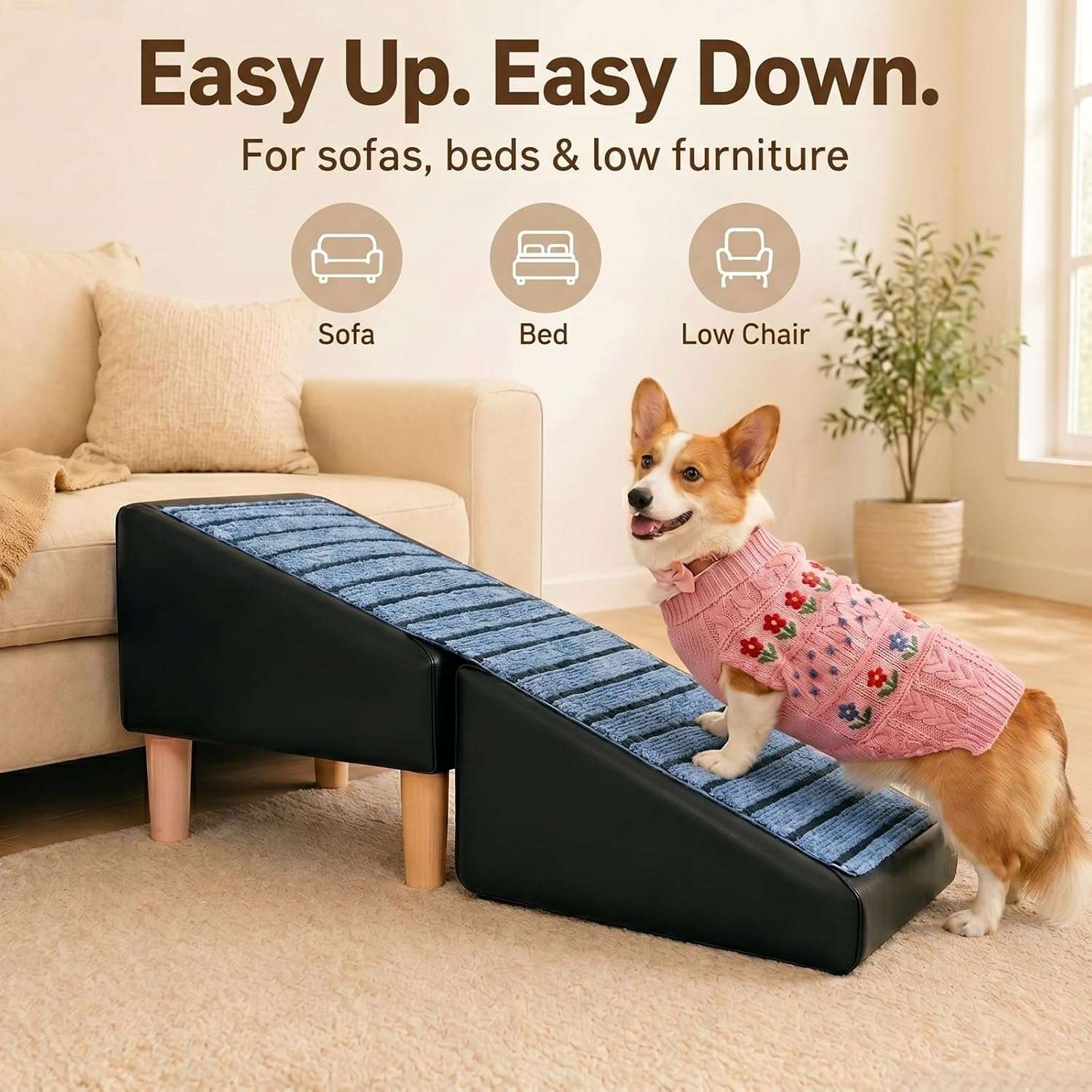 escalera y puff plegable de cuero marron para perros con superficie antideslizante y medidas de 80.01 por 34.29 centimetros