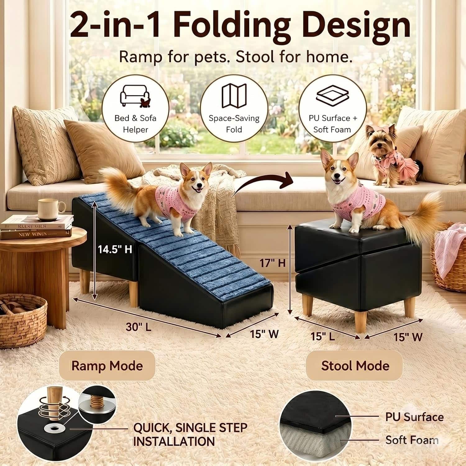 escalera y puff plegable de cuero marron para perros con superficie antideslizante y medidas de 80.01 por 34.29 centimetros