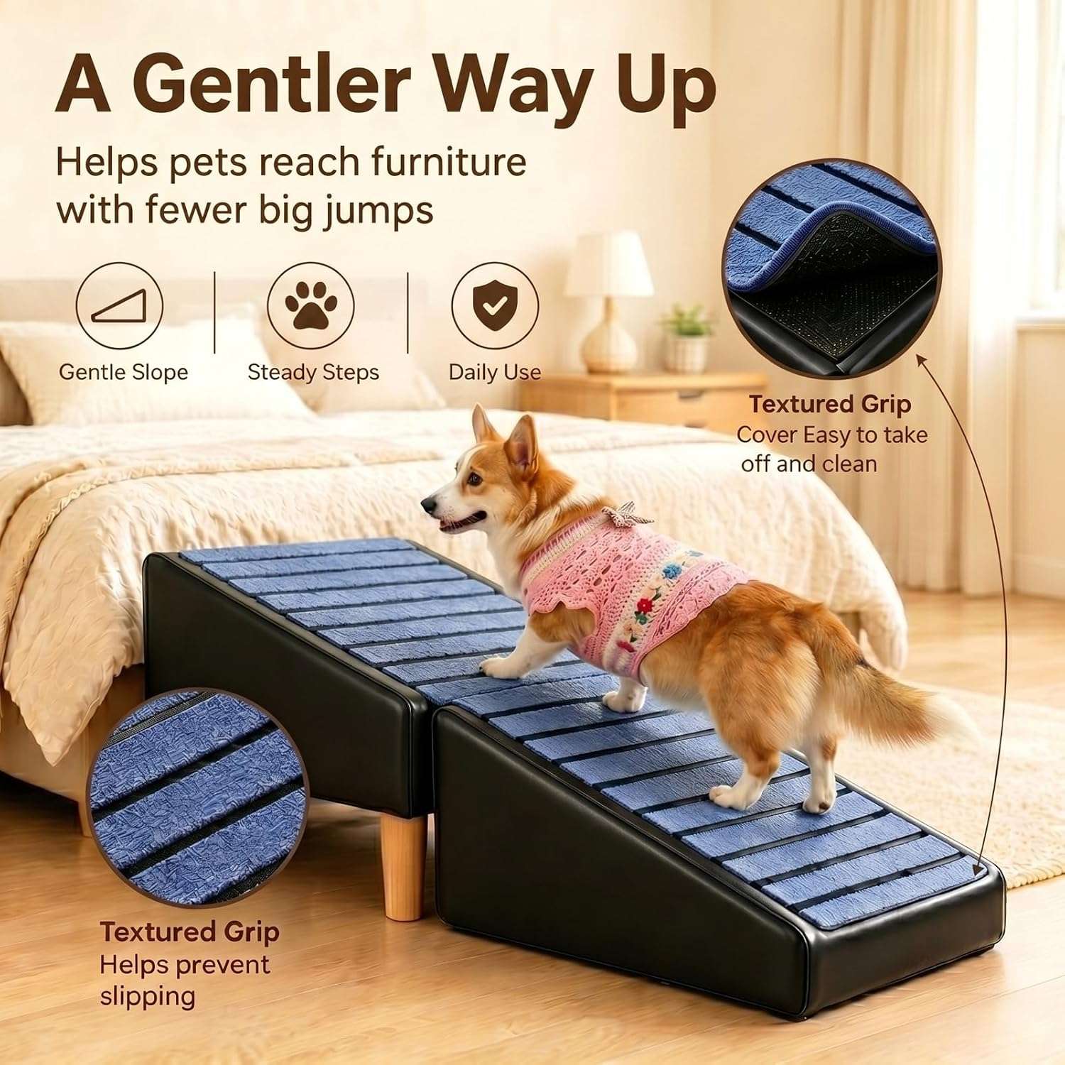 escalera y puff plegable de cuero marron para perros con superficie antideslizante y medidas de 80.01 por 34.29 centimetros