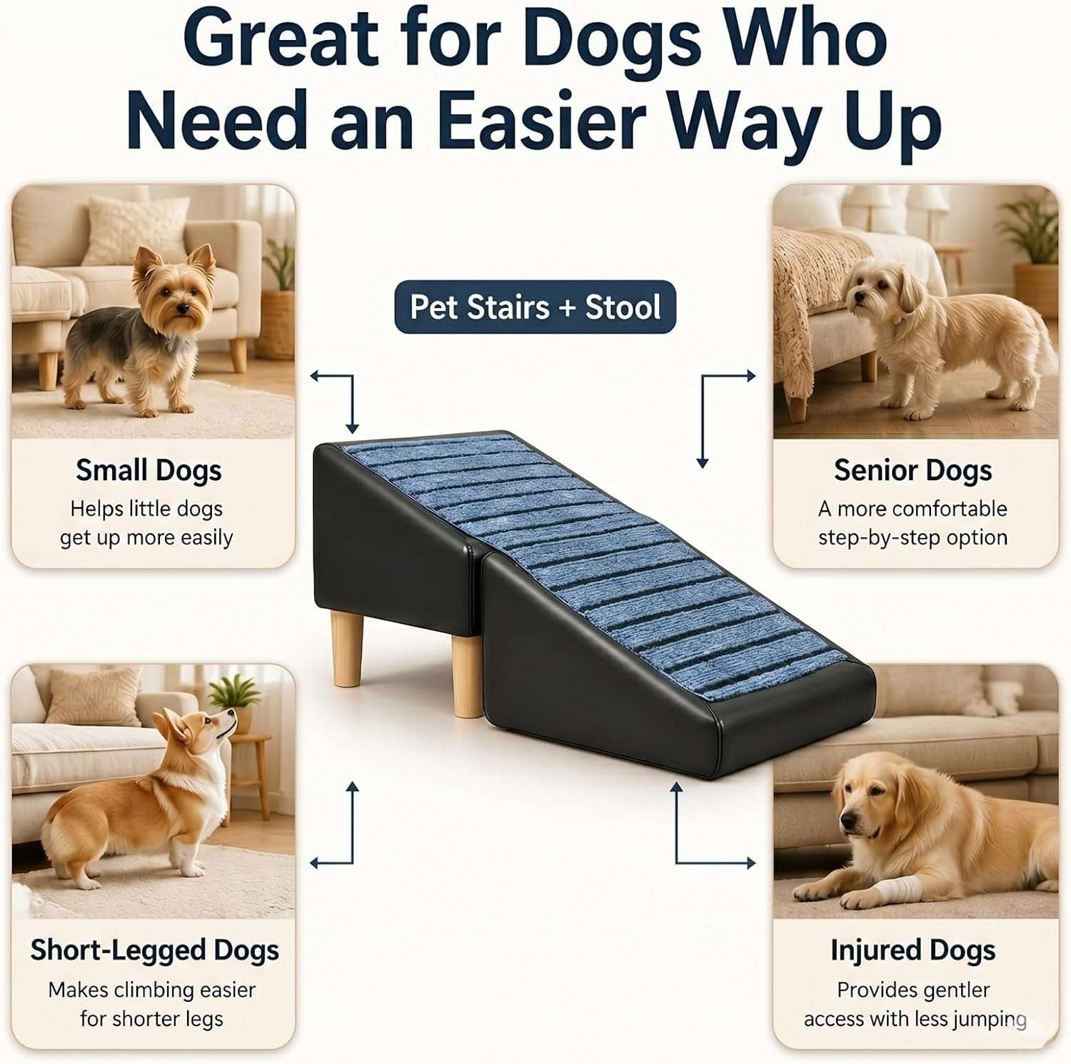 escalera y puff plegable de cuero marron para perros con superficie antideslizante y medidas de 80.01 por 34.29 centimetros
