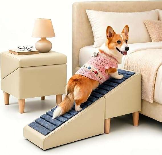 escalera y puff plegable de cuero marron para perros con superficie antideslizante y medidas de 80.01 por 34.29 centimetros