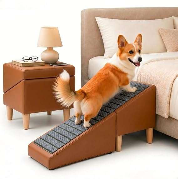 escalera y puff plegable de cuero marron para perros con superficie antideslizante y medidas de 80.01 por 34.29 centimetros