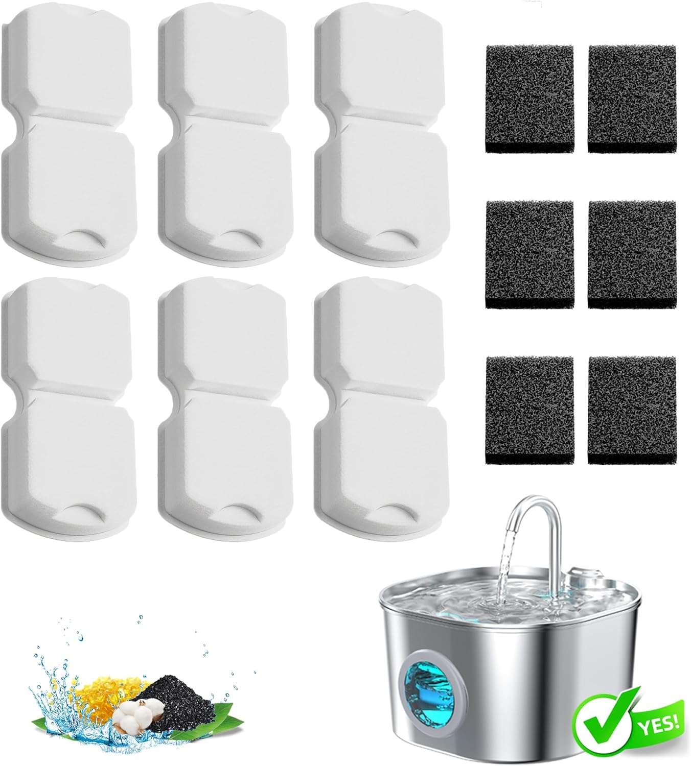 paquete de seis filtros de carbon y seis esponjas de repuesto con triple filtracion para fuente de agua de gatos marca hooise