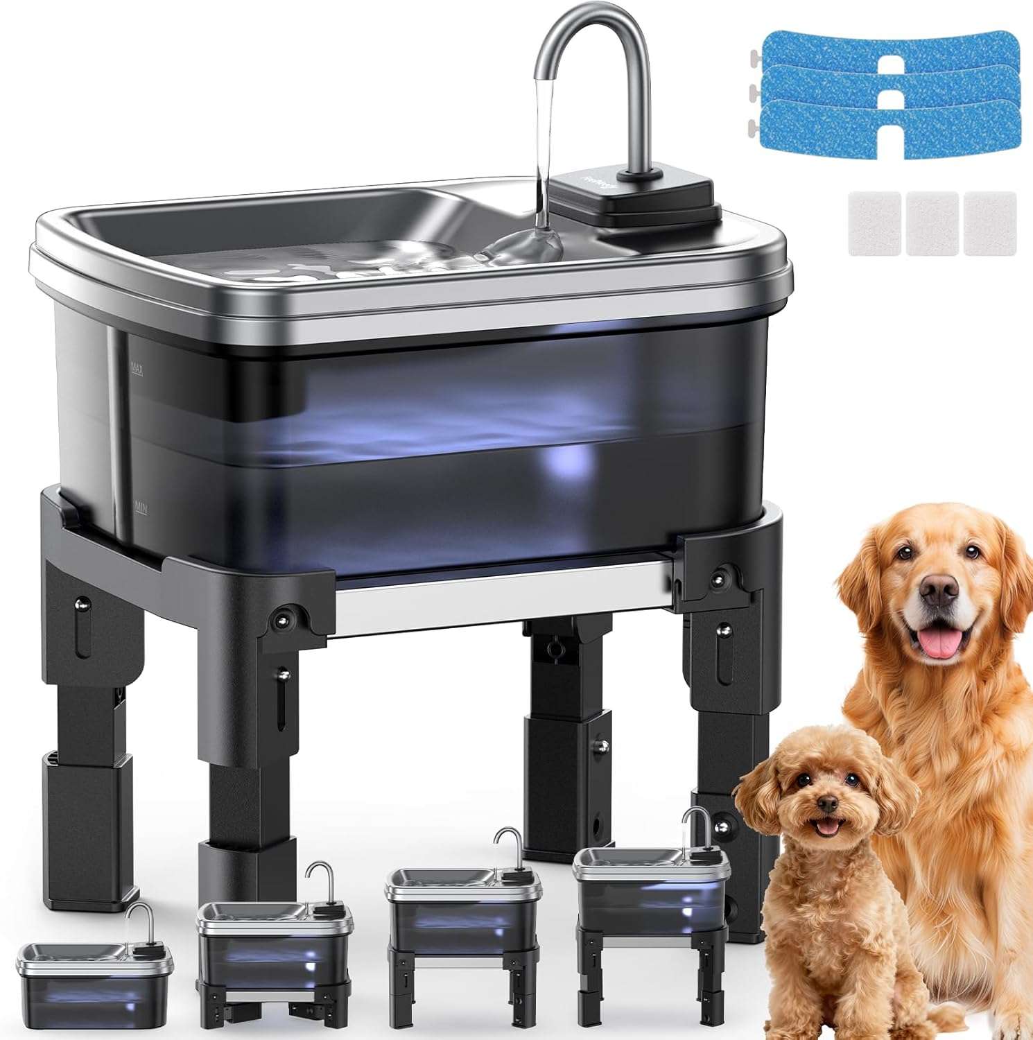 fuente de agua elevada para perros grandes de 9 litros en acero inoxidable con medidas de 40.13 por 20.57 por 18.80 centimetros