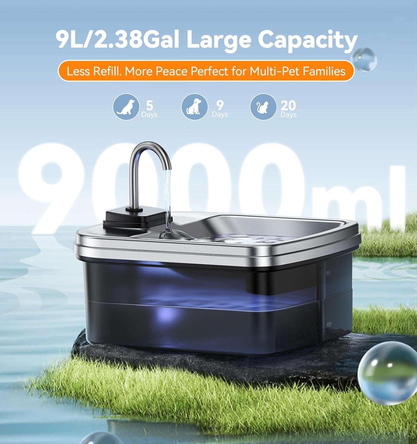 fuente de agua elevada para perros grandes de 9 litros en acero inoxidable con medidas de 40.13 por 20.57 por 18.80 centimetros