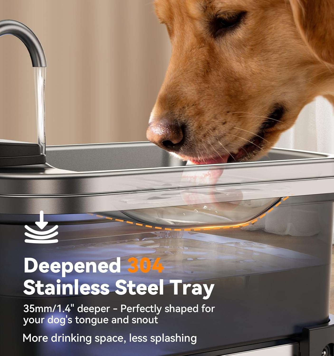 fuente de agua elevada para perros grandes de 9 litros en acero inoxidable con medidas de 40.13 por 20.57 por 18.80 centimetros