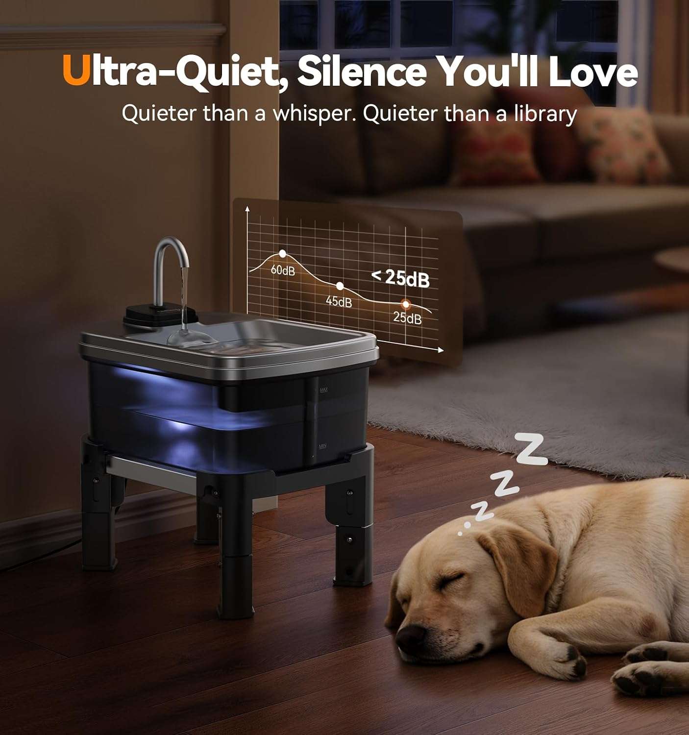 fuente de agua elevada para perros grandes de 9 litros en acero inoxidable con medidas de 40.13 por 20.57 por 18.80 centimetros