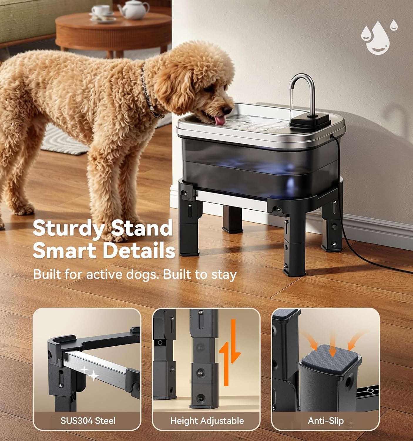 fuente de agua elevada para perros grandes de 9 litros en acero inoxidable con medidas de 40.13 por 20.57 por 18.80 centimetros