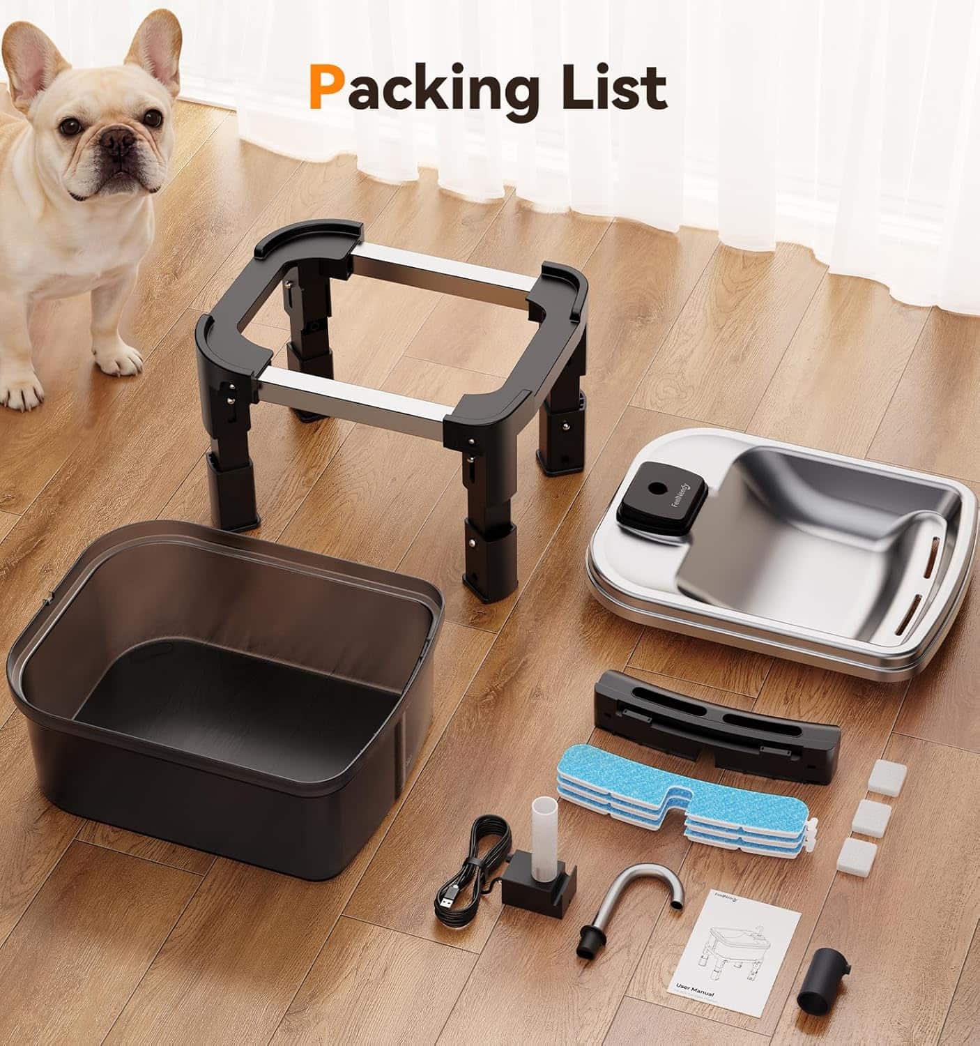 fuente de agua elevada para perros grandes de 9 litros en acero inoxidable con medidas de 40.13 por 20.57 por 18.80 centimetros