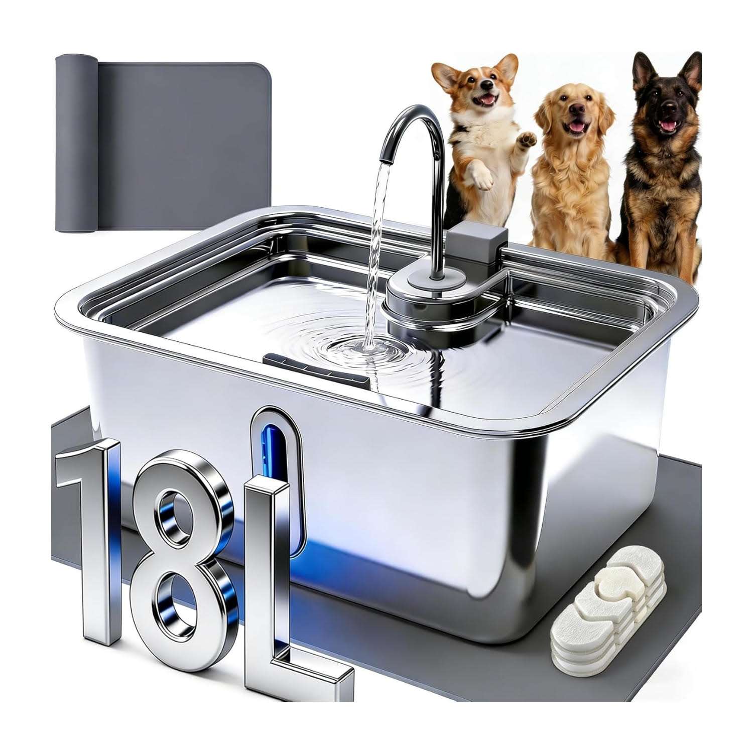 fuente de agua para perros grandes de 18 litros en acero inoxidable con medidas de 42.49 por 32.51 por 28.83 centimetros