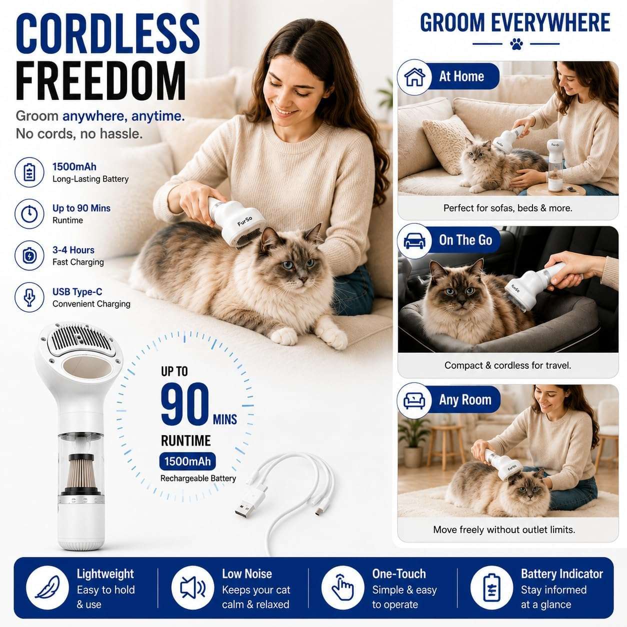 aspiradora inalambrica furso para aseo de gatos y perros con pantalla lcd y accesorios ideal para chile