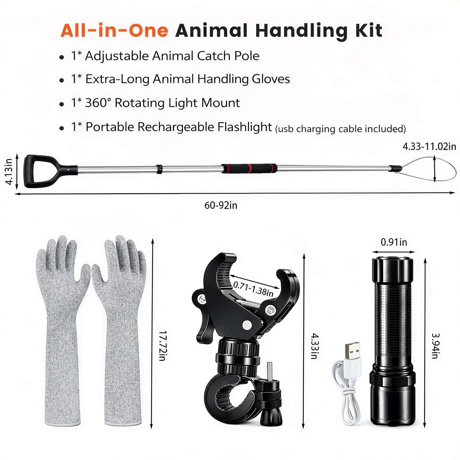 poste de captura de animales ajustable de 152.40 a 233.68 centimetros con guantes y linterna ideal para chile