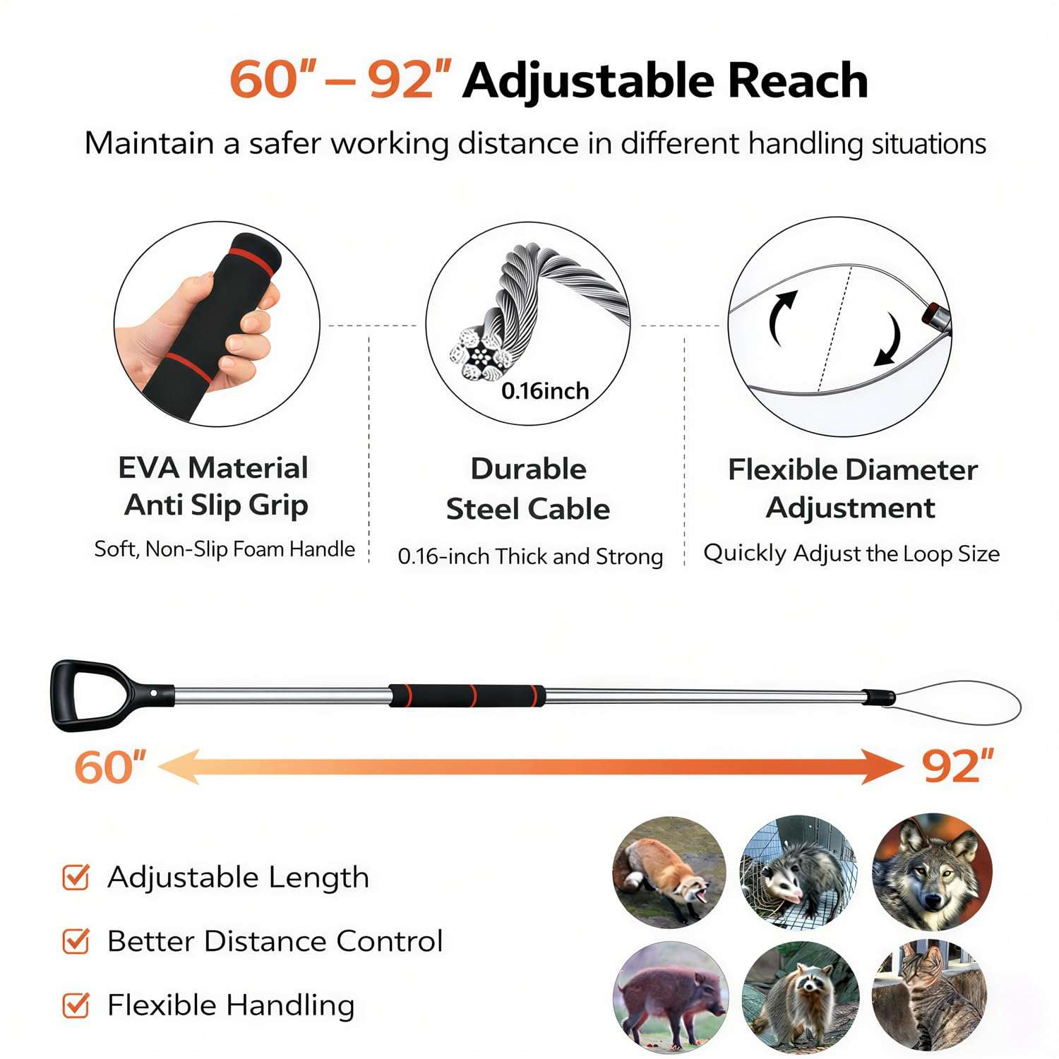 poste de captura de animales ajustable de 152.40 a 233.68 centimetros con guantes y linterna ideal para chile