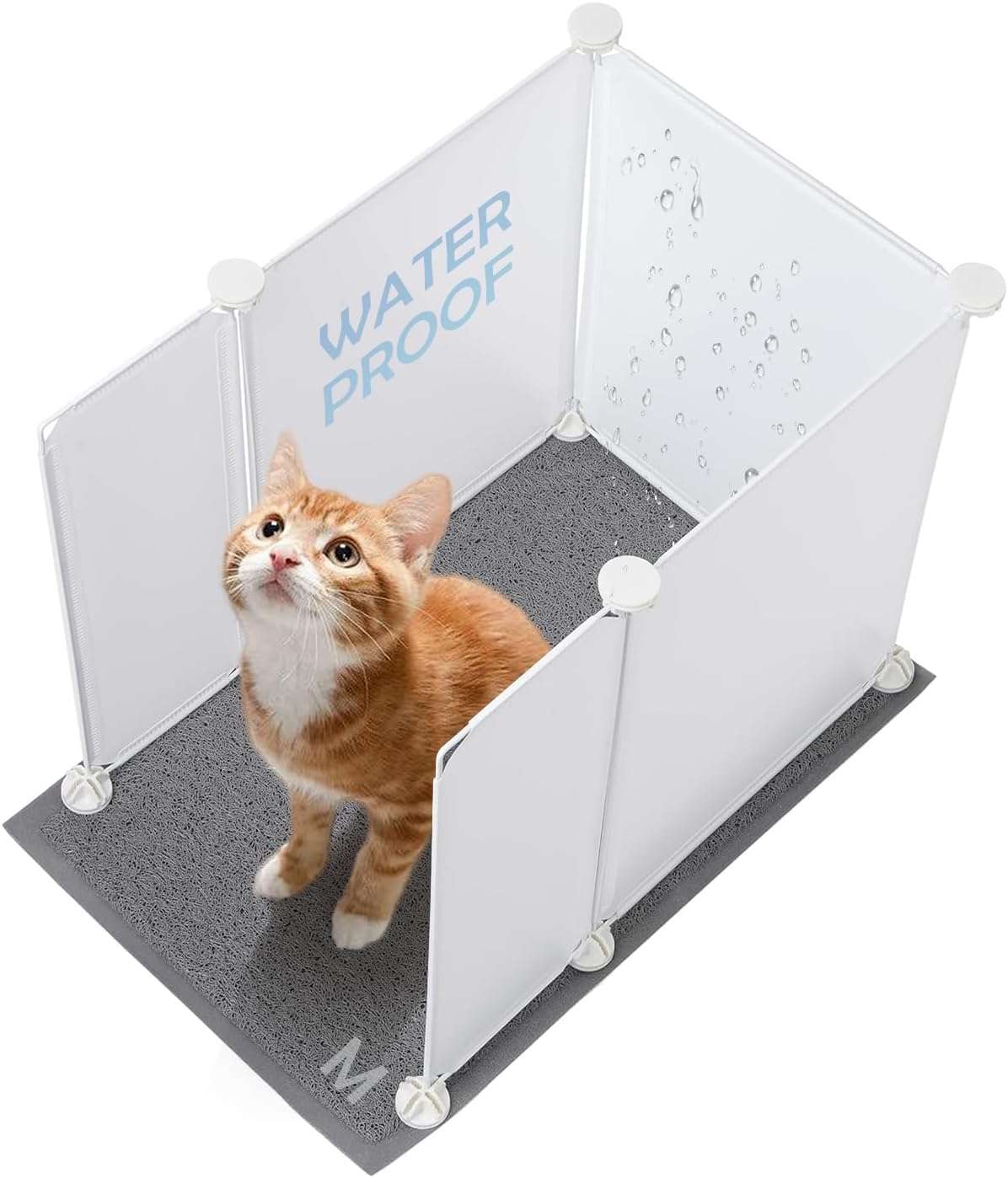 protector contra salpicaduras armable para arenero de gatos con alfombra y medidas de 52.07 por 35.05 por 44.70 centimetros