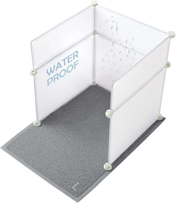 protector contra salpicaduras armable para arenero de gatos con alfombra y medidas de 52.07 por 35.05 por 44.70 centimetros