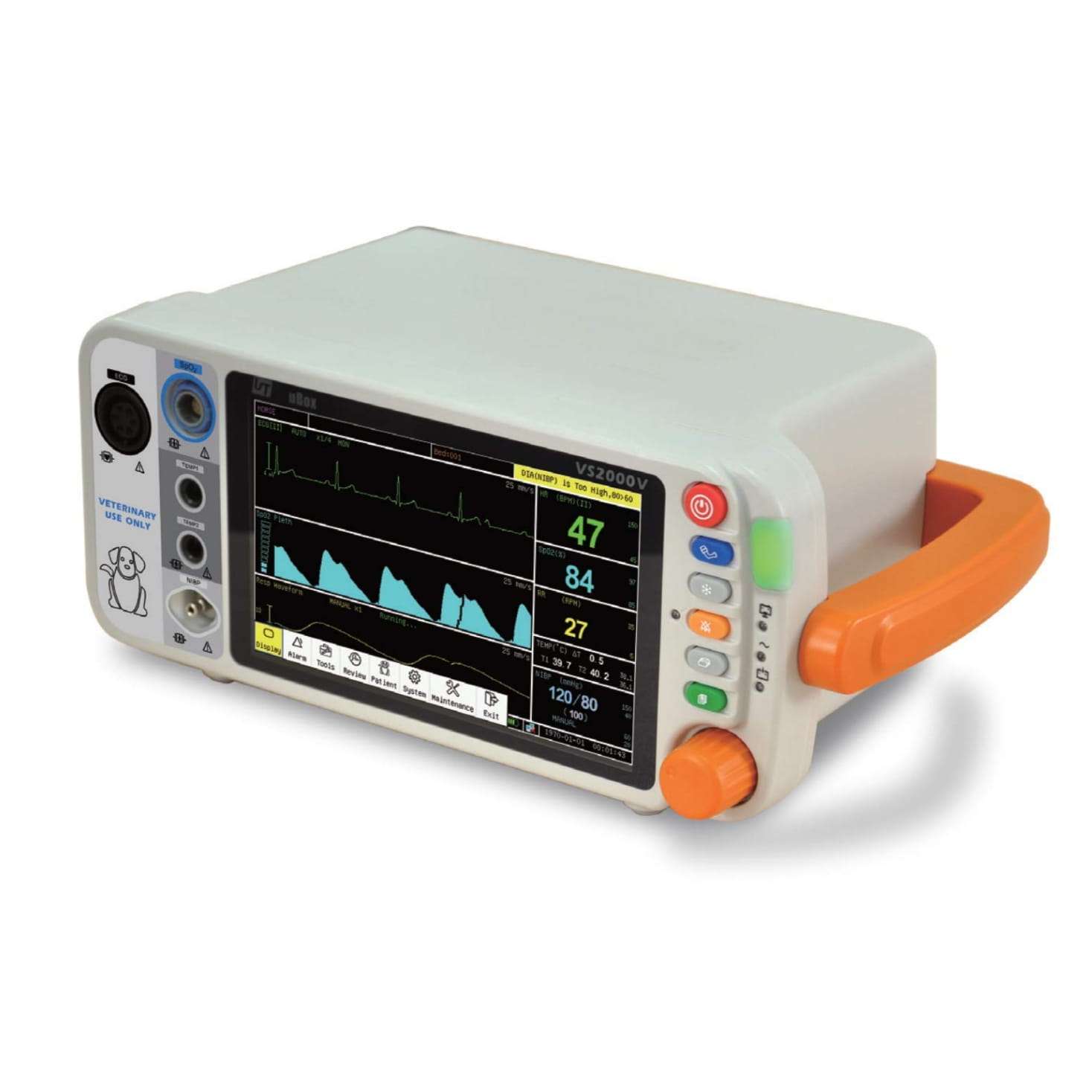 Monitor multiparametrico veterinario de signos vitales con pantalla LCD de siete pulgadas para perros gatos y caballos.