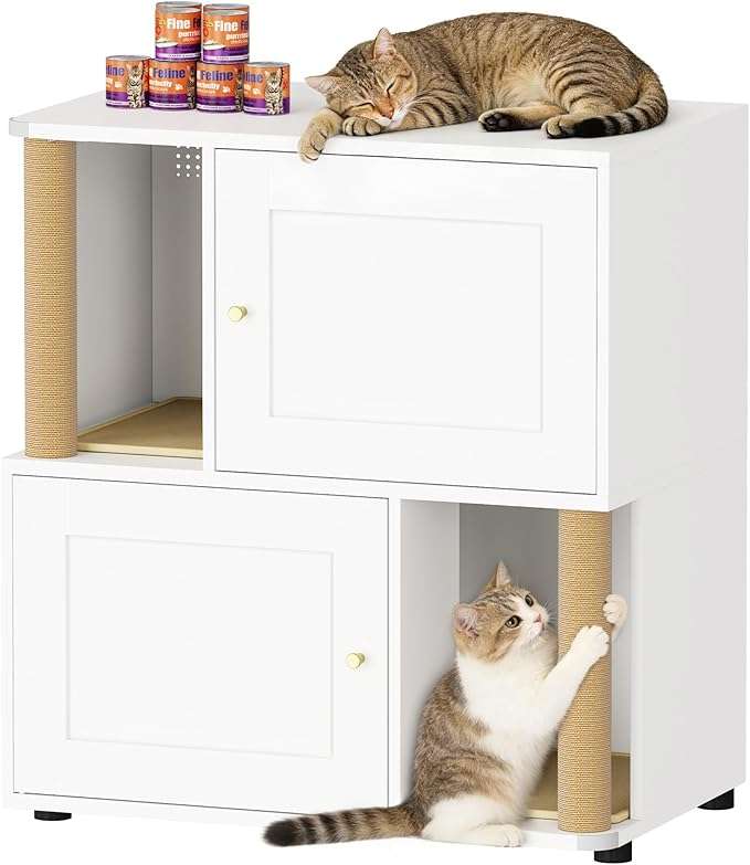 mueble arenero doble oculto para dos gatos con poste rascador puertas anchas y diseño a prueba de perros