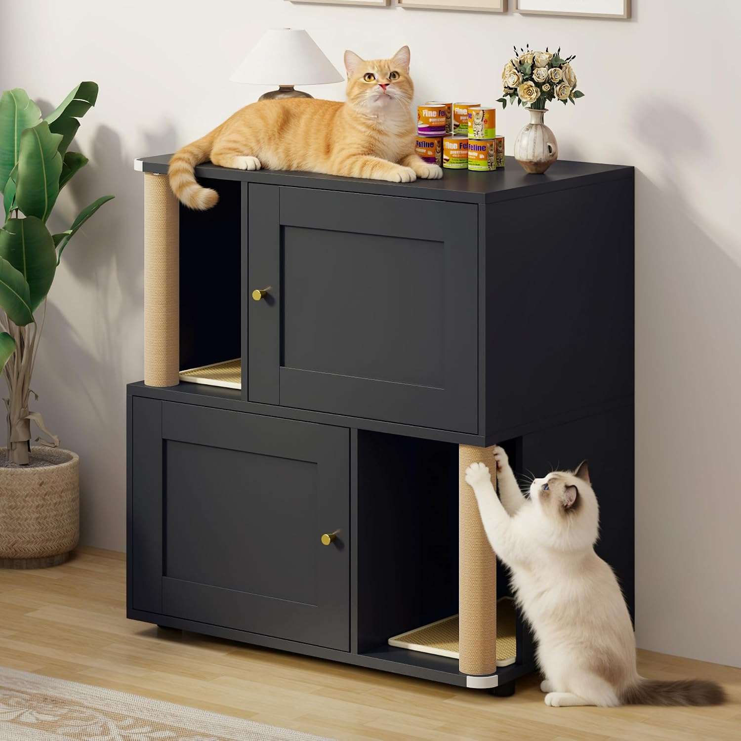 mueble arenero doble oculto para dos gatos con poste rascador puertas anchas y diseño a prueba de perros