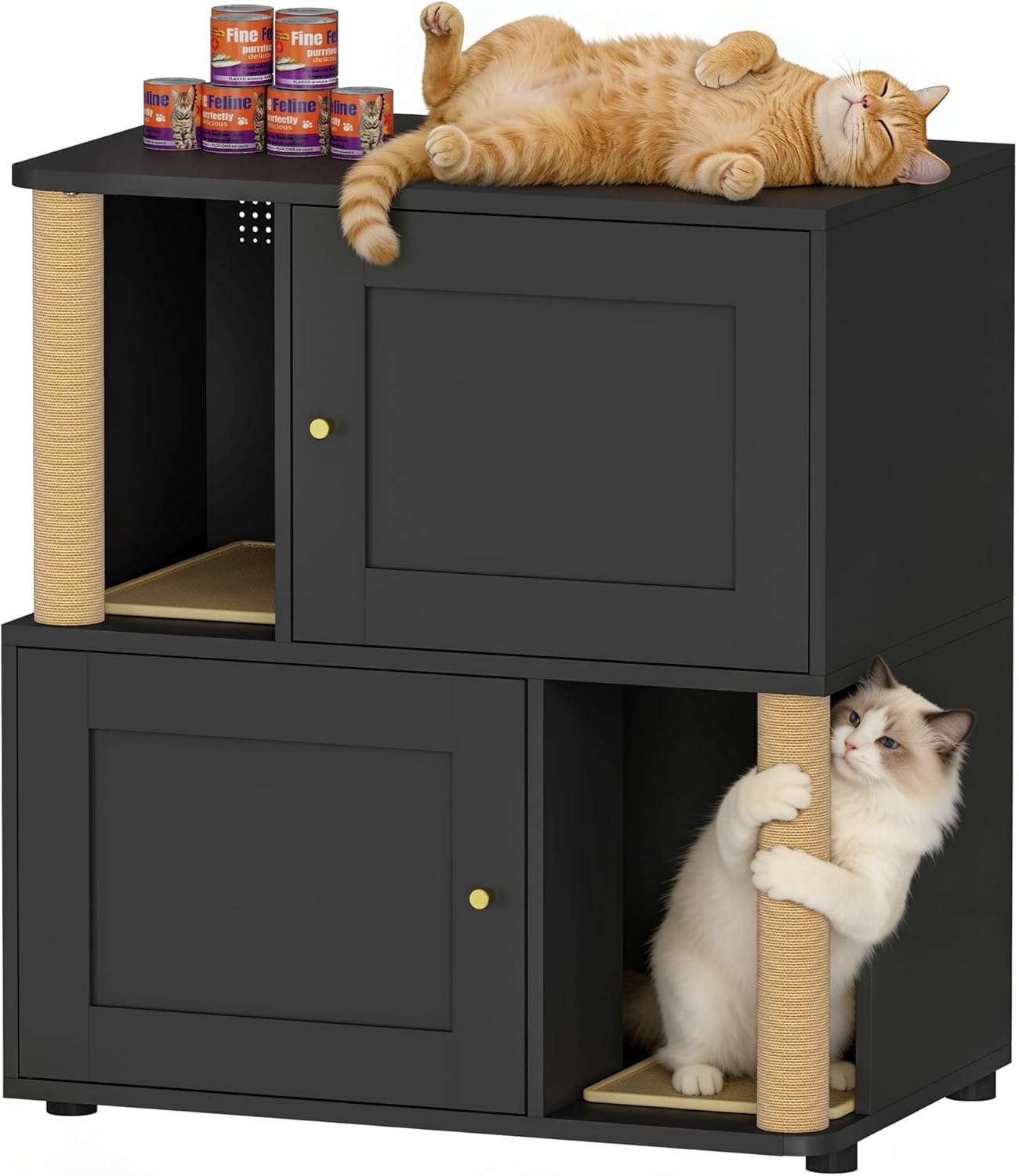mueble arenero doble oculto para dos gatos con poste rascador puertas anchas y diseño a prueba de perros