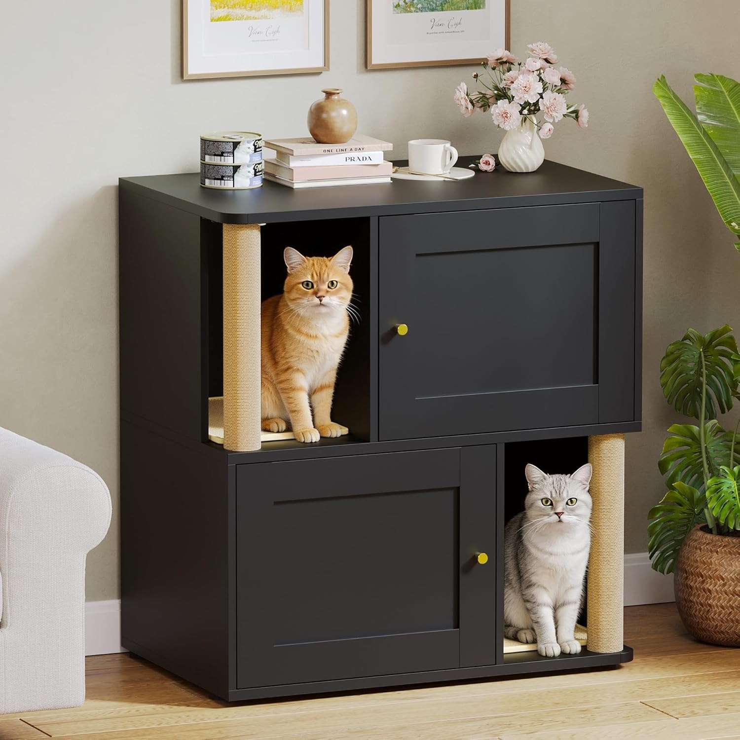 mueble arenero doble oculto para dos gatos con poste rascador puertas anchas y diseño a prueba de perros