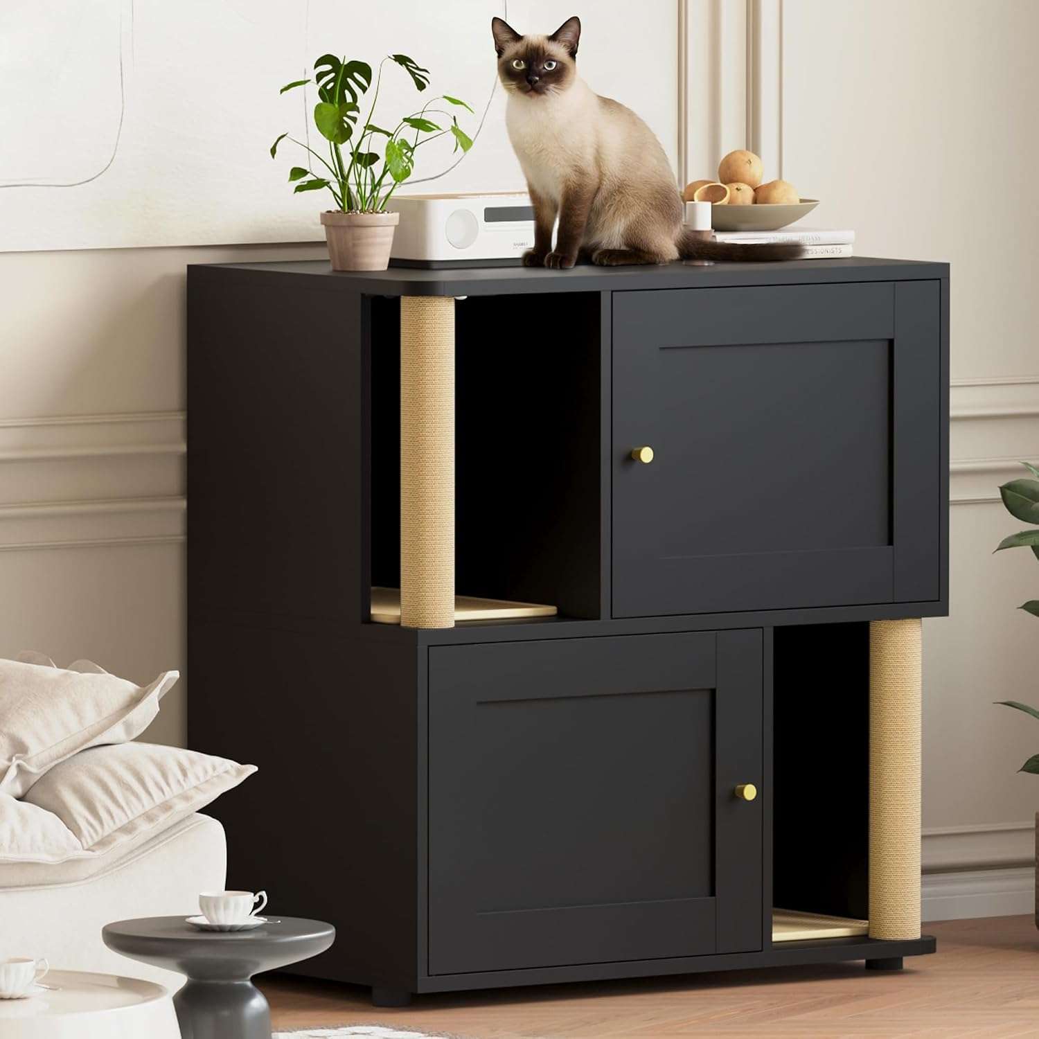 mueble arenero doble oculto para dos gatos con poste rascador puertas anchas y diseño a prueba de perros