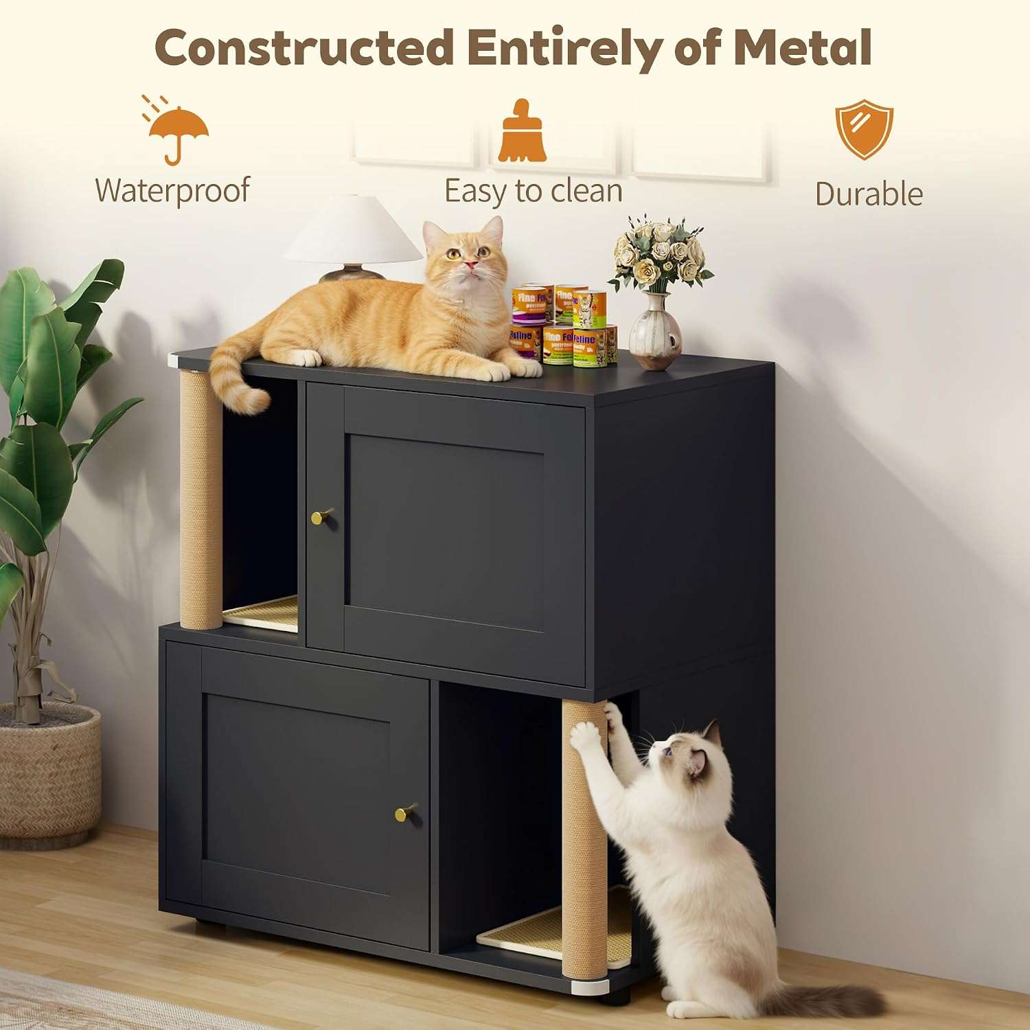 mueble arenero doble oculto para dos gatos con poste rascador puertas anchas y diseño a prueba de perros