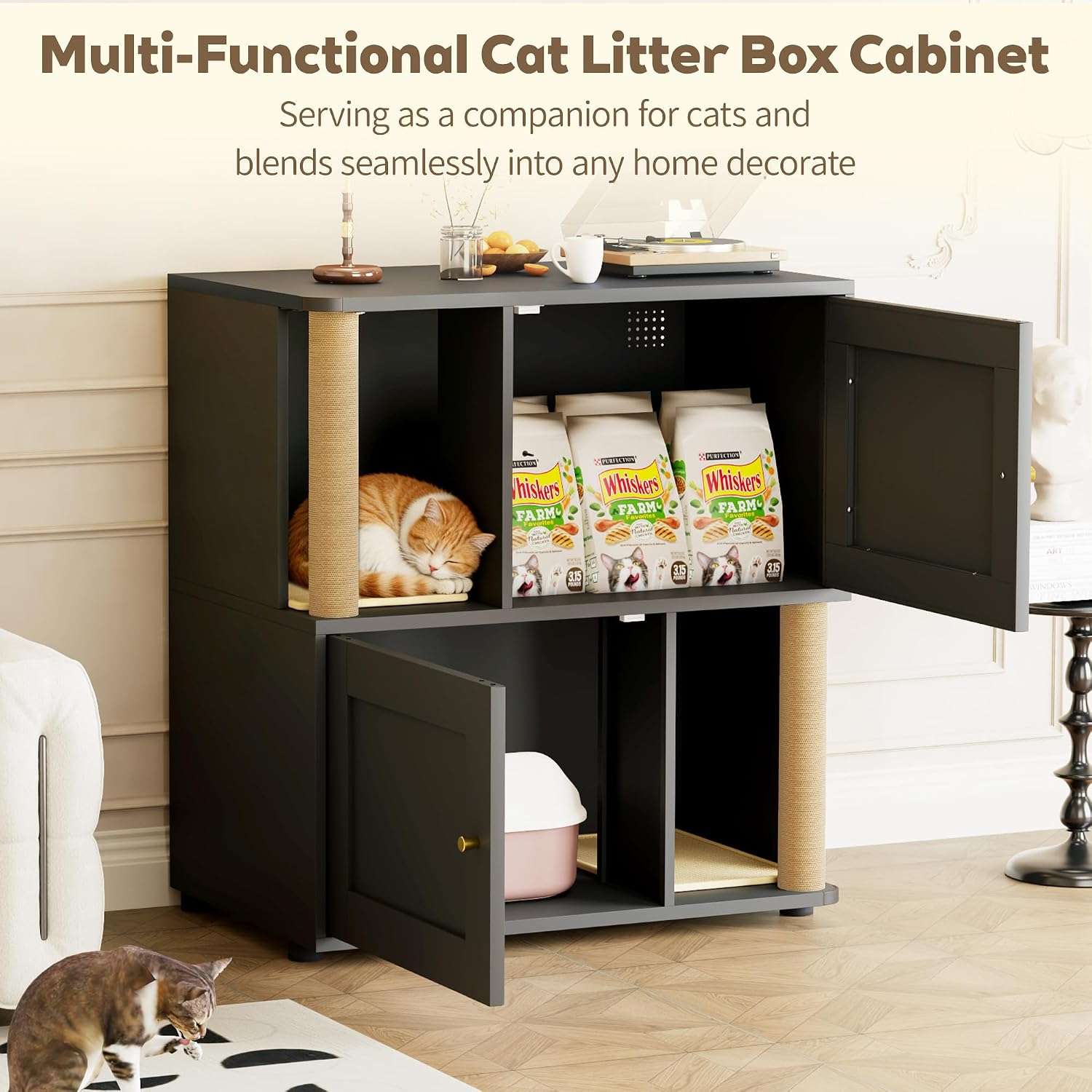 mueble arenero doble oculto para dos gatos con poste rascador puertas anchas y diseño a prueba de perros