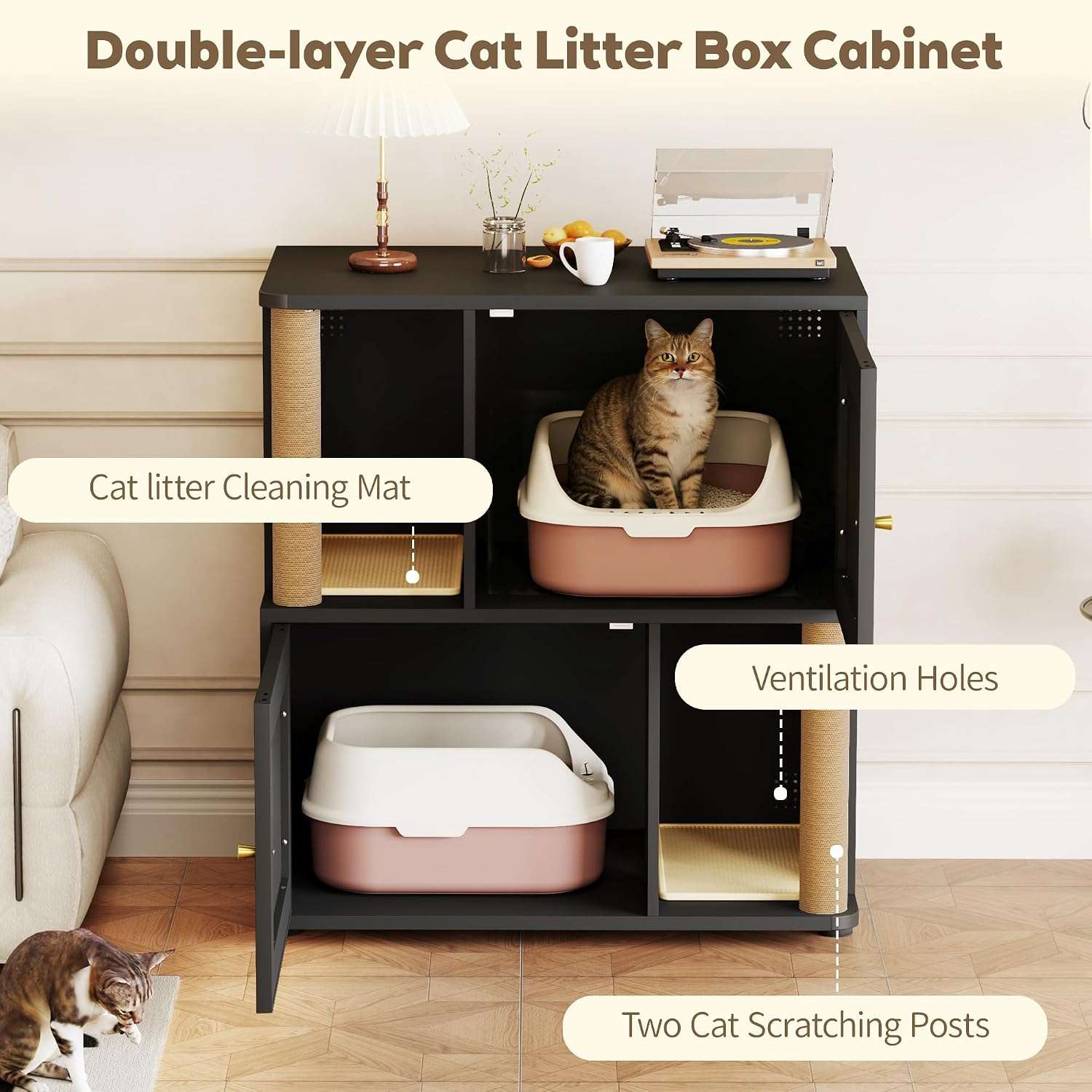 mueble arenero doble oculto para dos gatos con poste rascador puertas anchas y diseño a prueba de perros