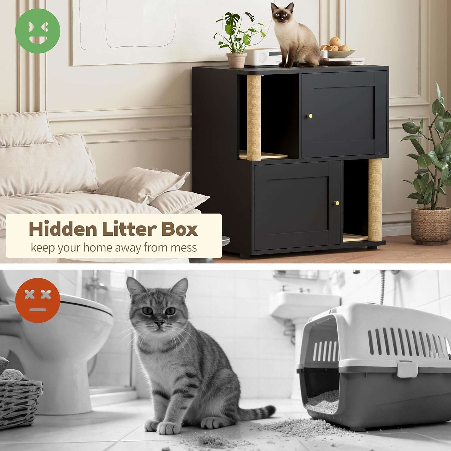 mueble arenero doble oculto para dos gatos con poste rascador puertas anchas y diseño a prueba de perros