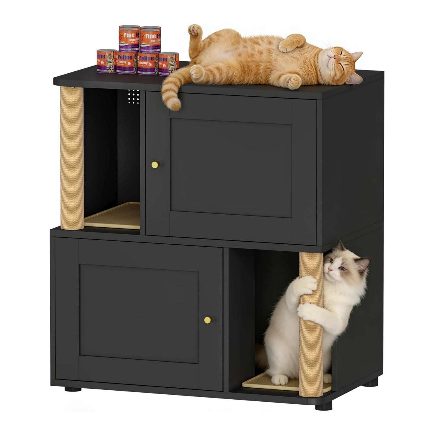 mueble arenero doble oculto para dos gatos con poste rascador puertas anchas y diseño a prueba de perros