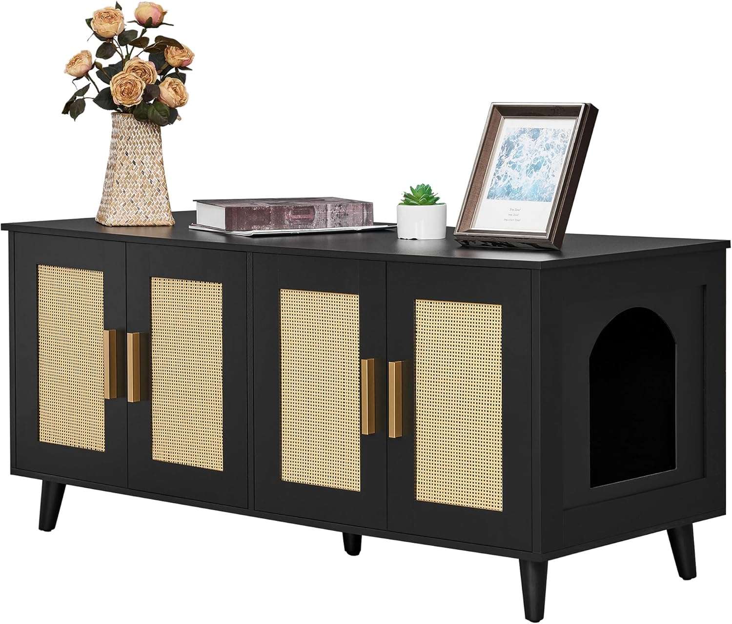 mueble arenero oculto doble para gatos Homhedy de ratan y madera con medidas de 119.89 por 50.04 por 55.12 centimetros en chile