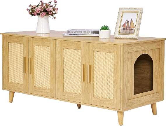 mueble arenero oculto doble para gatos Homhedy de ratan y madera con medidas de 119.89 por 50.04 por 55.12 centimetros en chile
